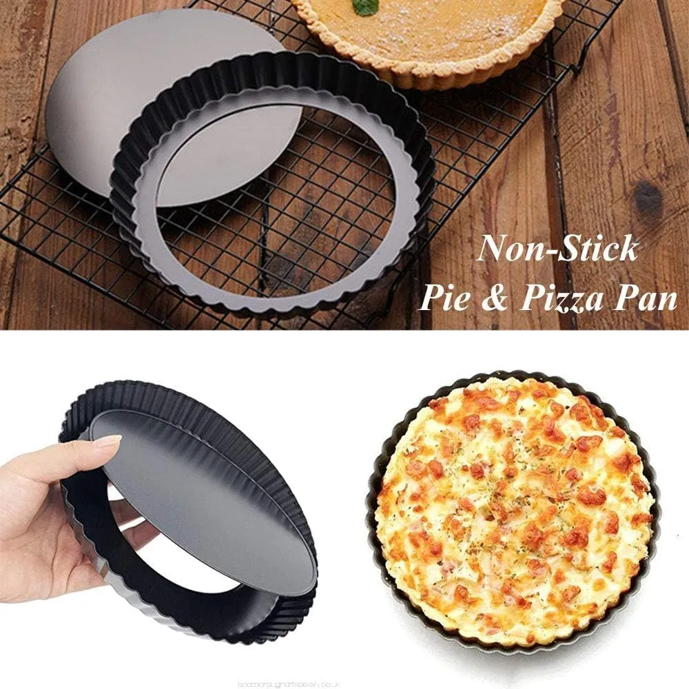 Kuber Industries Pie and Pizza Pan with Removeable Bottom|Carbon Steel Tart Pan-Pack of 3 (Black)