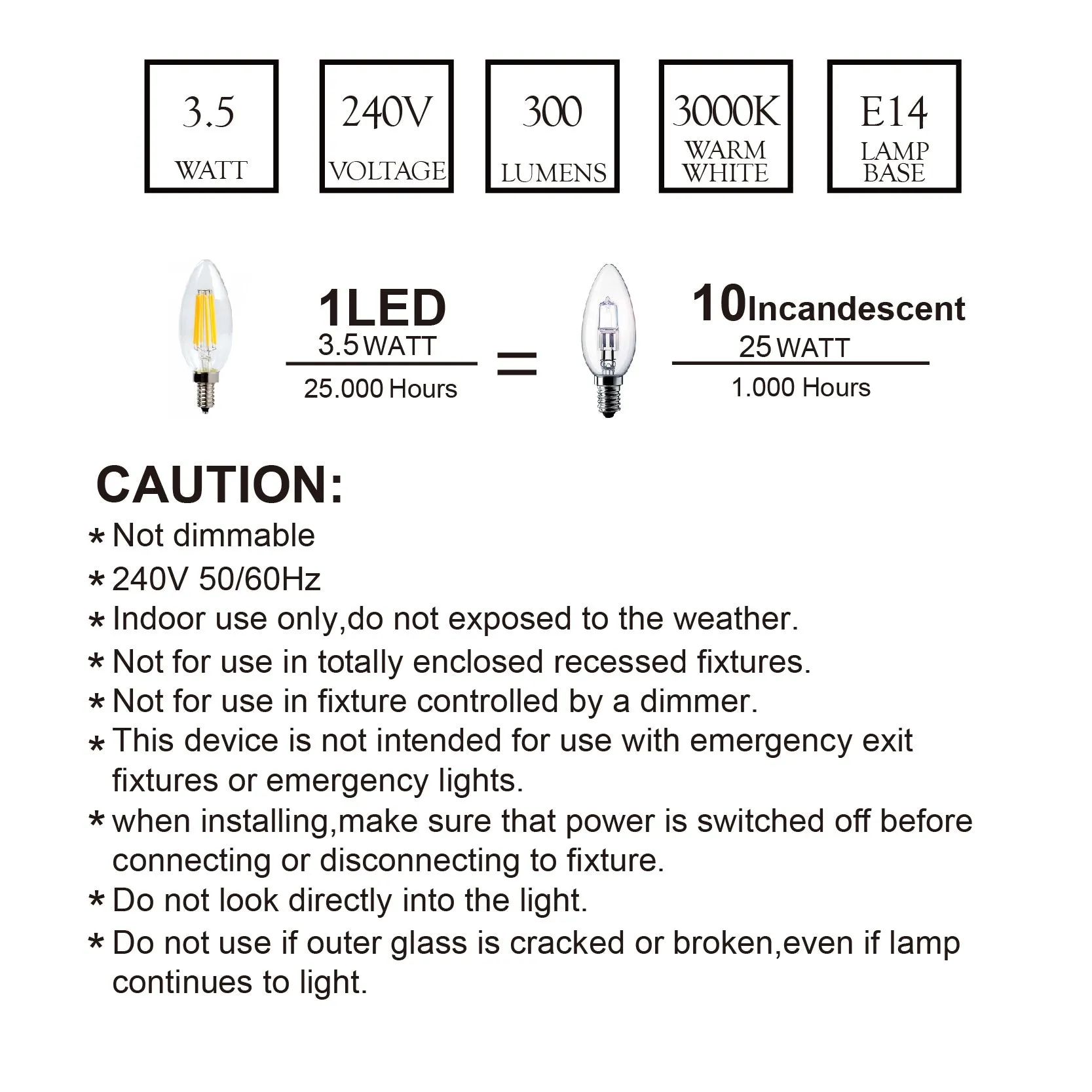 LED Filament Bulb Candelabra Shape Clear Shade 3W E14 10PACK