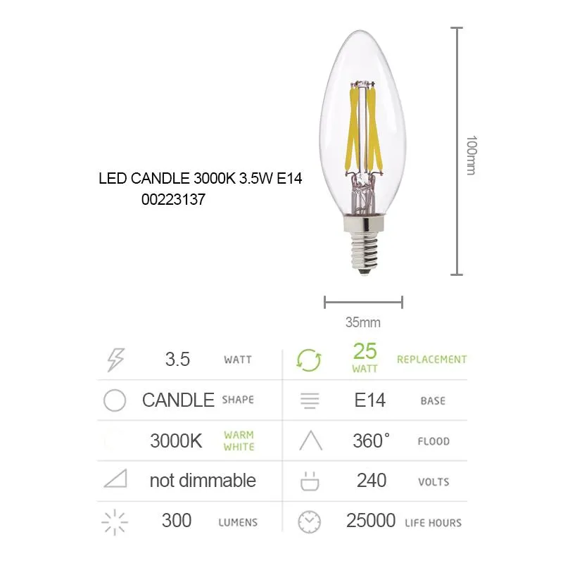 LED Filament Bulb Candelabra Shape Clear Shade 3W E14 10PACK