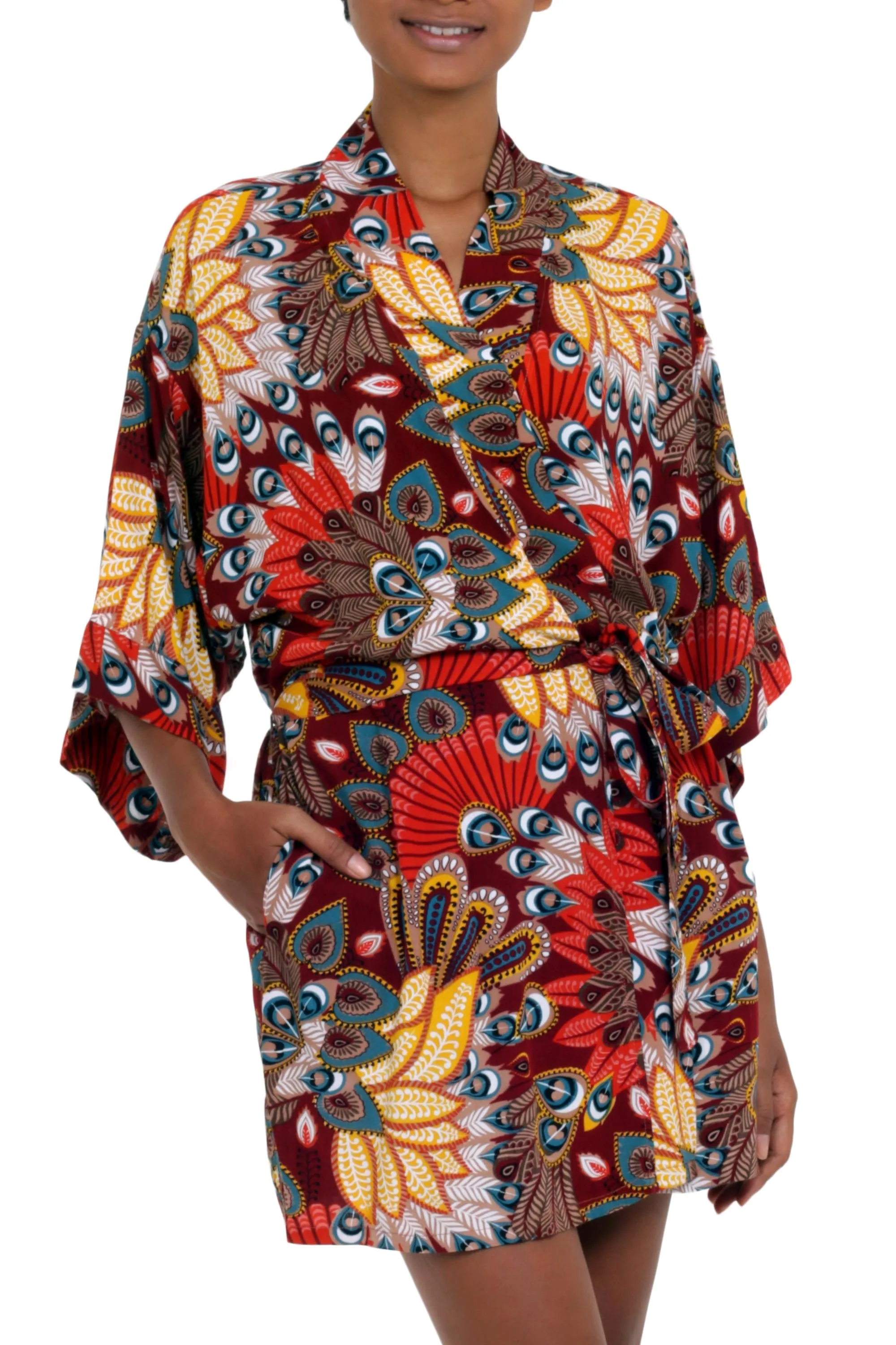 Multicolored Floral Rayon Robe in Hot Colors from Bali - Brush Feathers | NOVICA