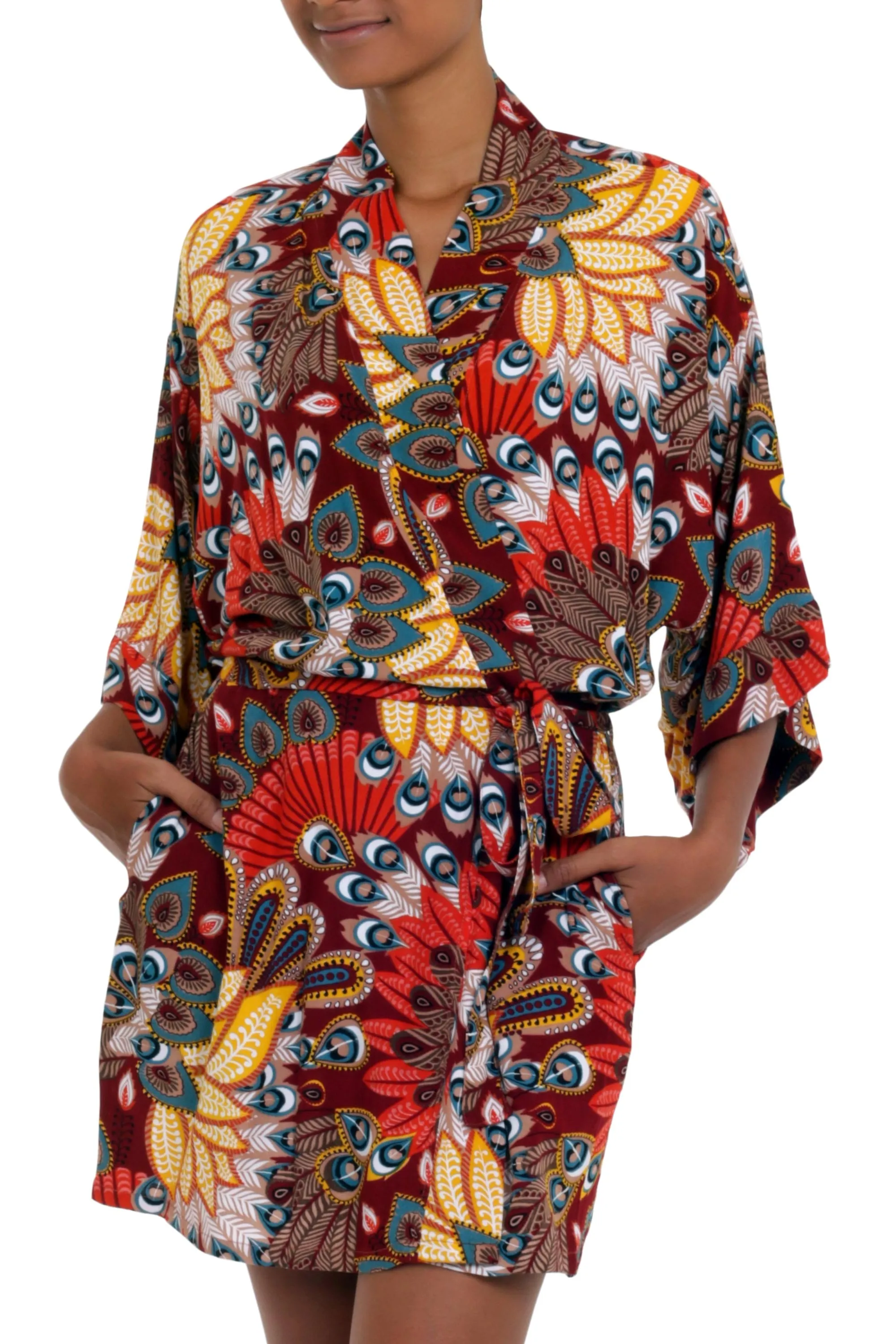 Multicolored Floral Rayon Robe in Hot Colors from Bali - Brush Feathers | NOVICA