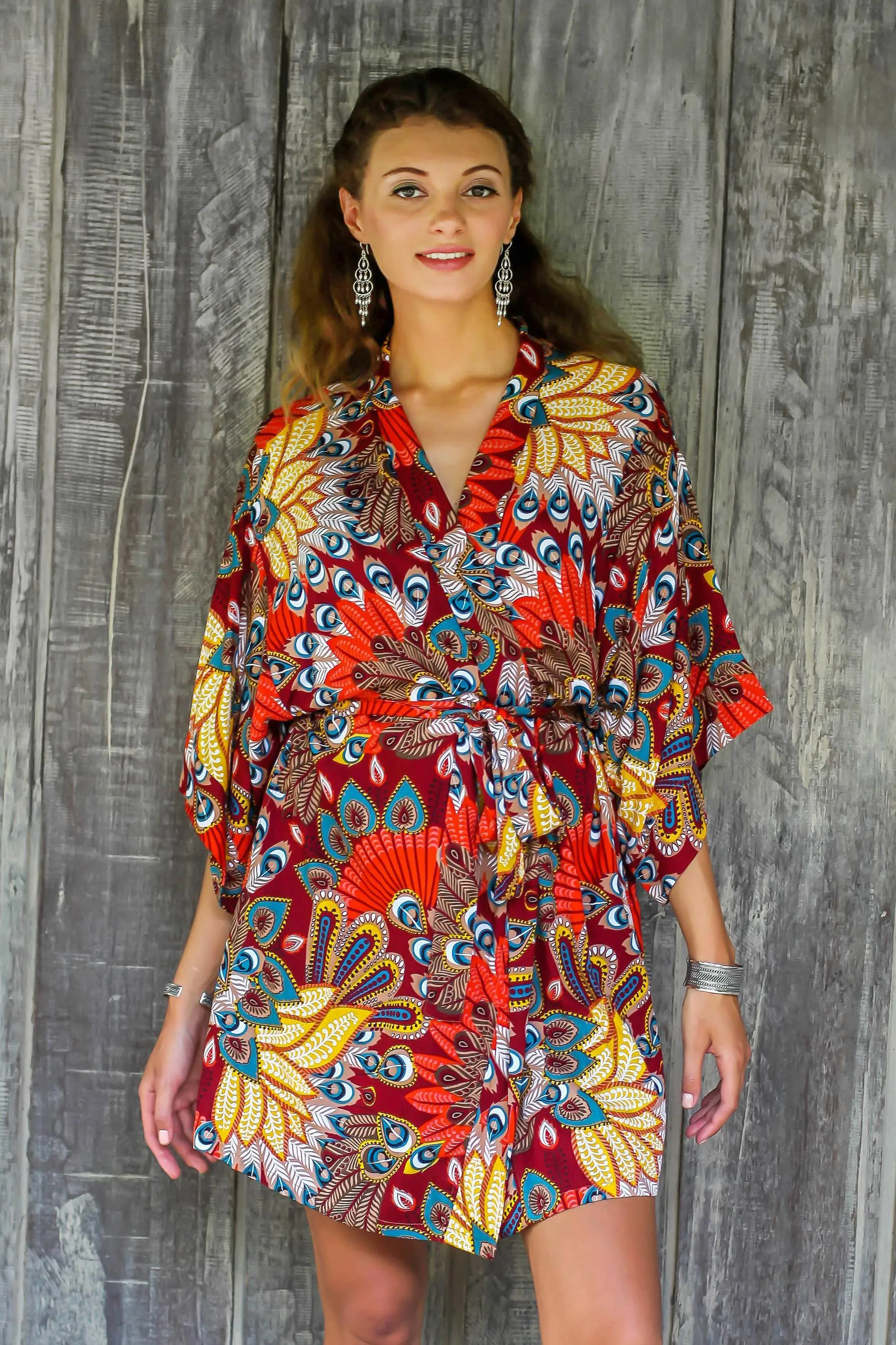 Multicolored Floral Rayon Robe in Hot Colors from Bali - Brush Feathers | NOVICA