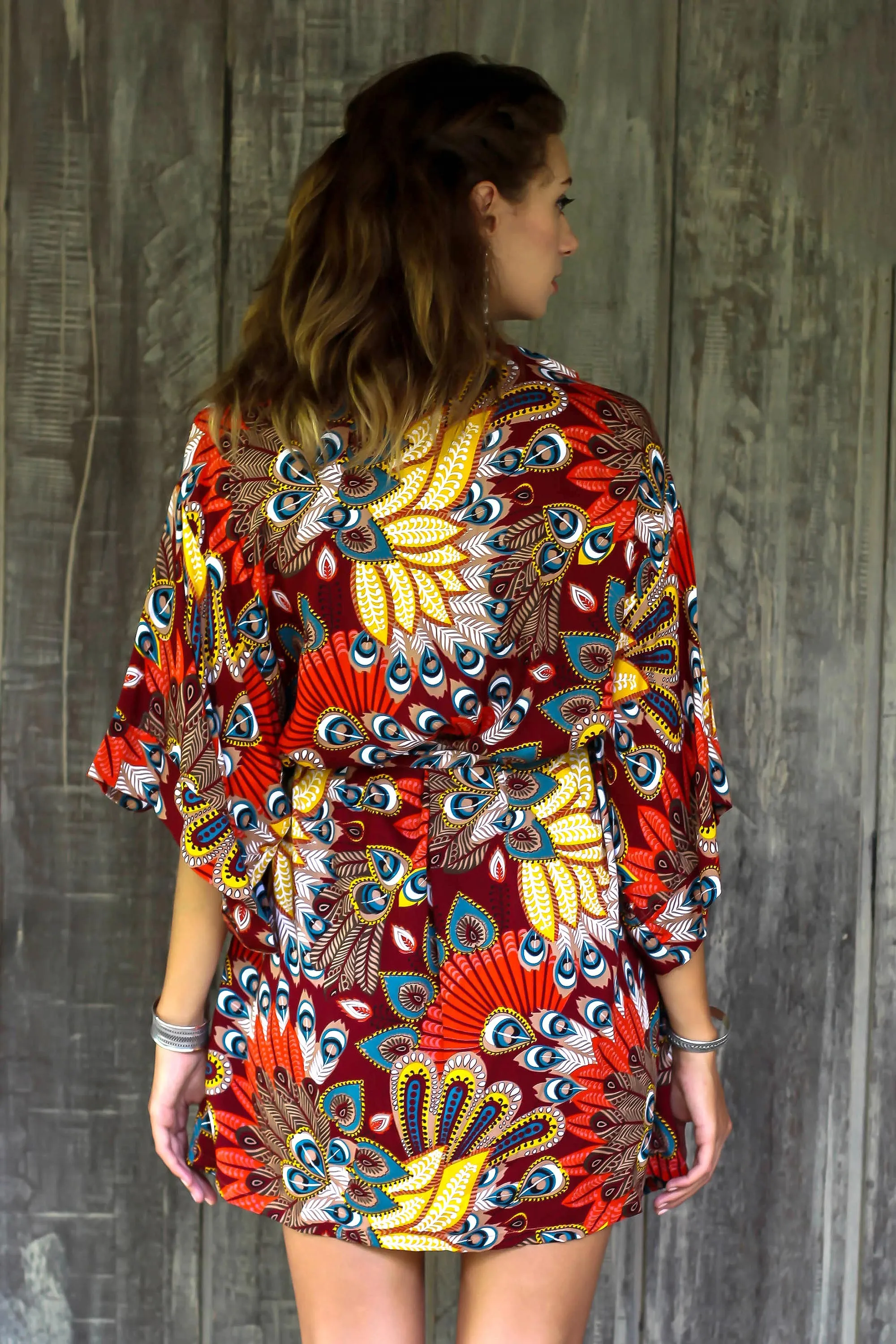 Multicolored Floral Rayon Robe in Hot Colors from Bali - Brush Feathers | NOVICA