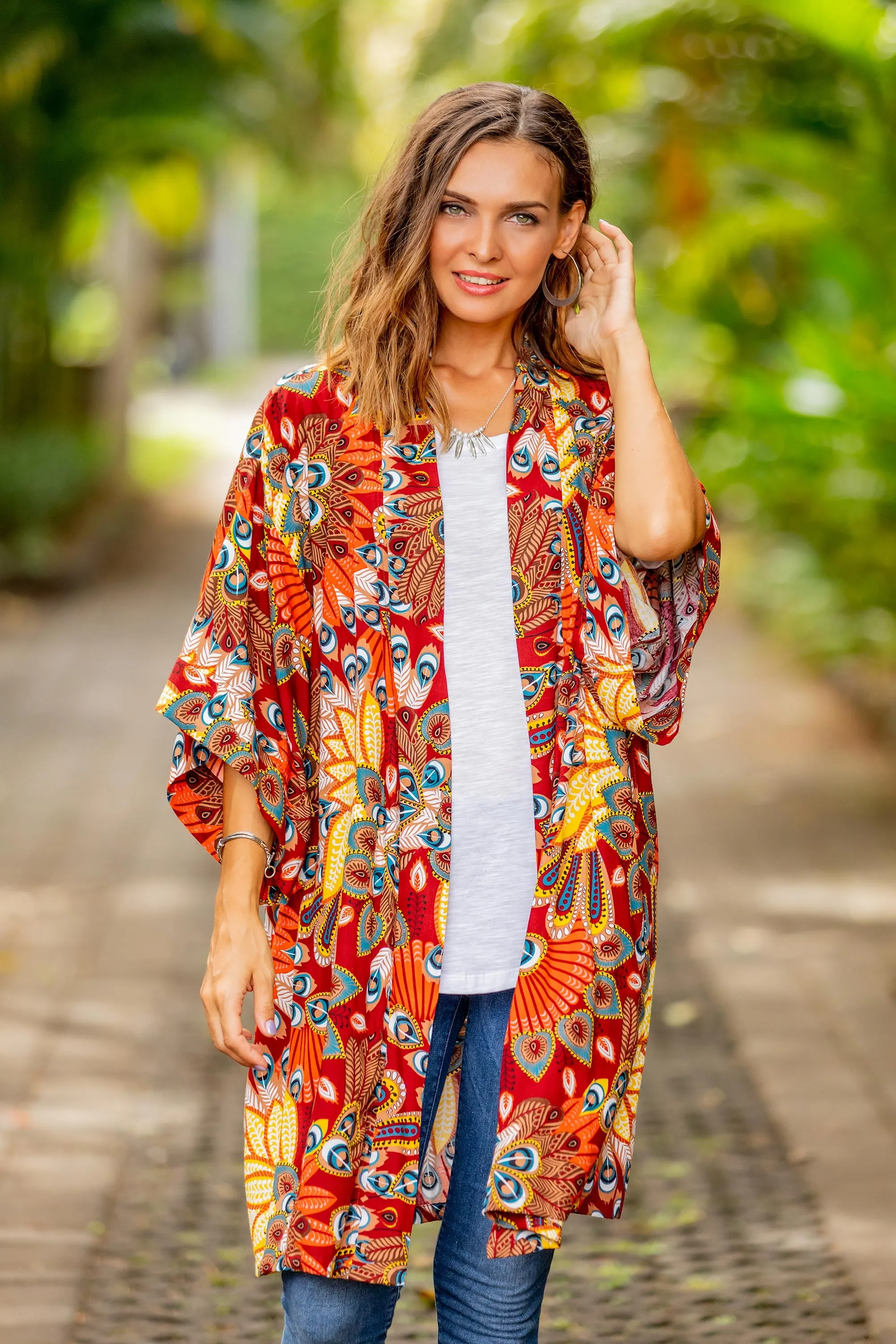 Multicolored Floral Rayon Robe in Hot Colors from Bali - Brush Feathers | NOVICA