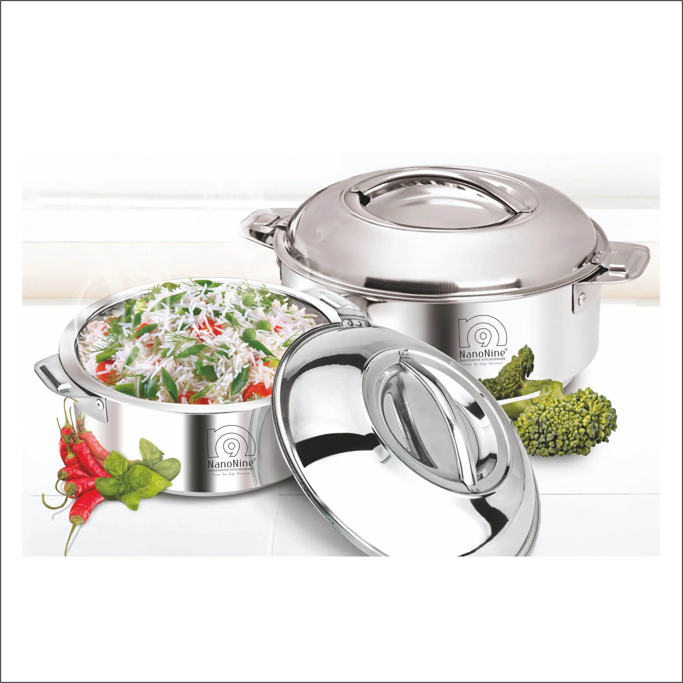 NanoNine Hot Serve 1.4 L   1.9 L Double Wall Insulated Hot Pot Stainless Steel Casserole with Steel Lid.