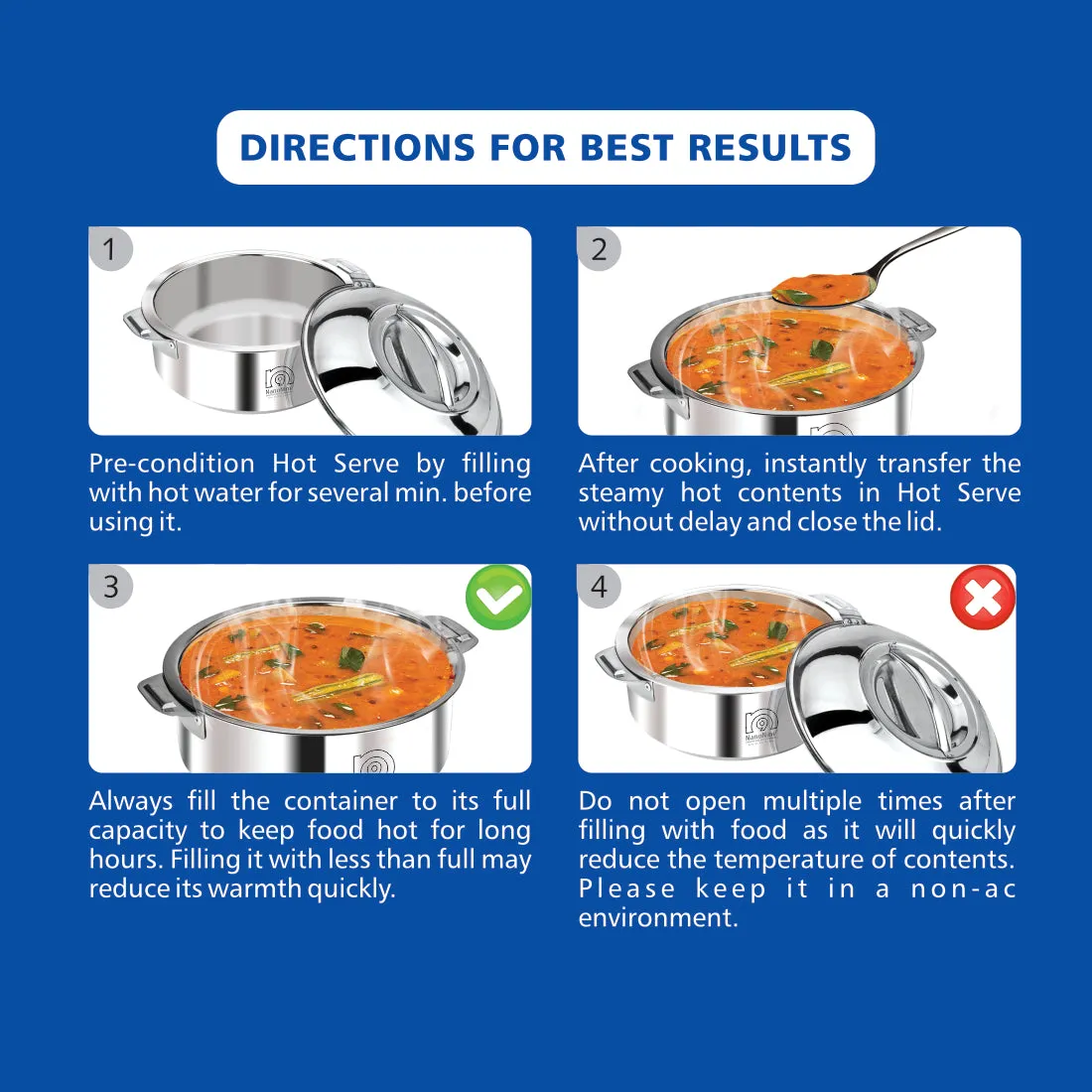 NanoNine Hot Serve 1.4 L   1.9 L Double Wall Insulated Hot Pot Stainless Steel Casserole with Steel Lid.