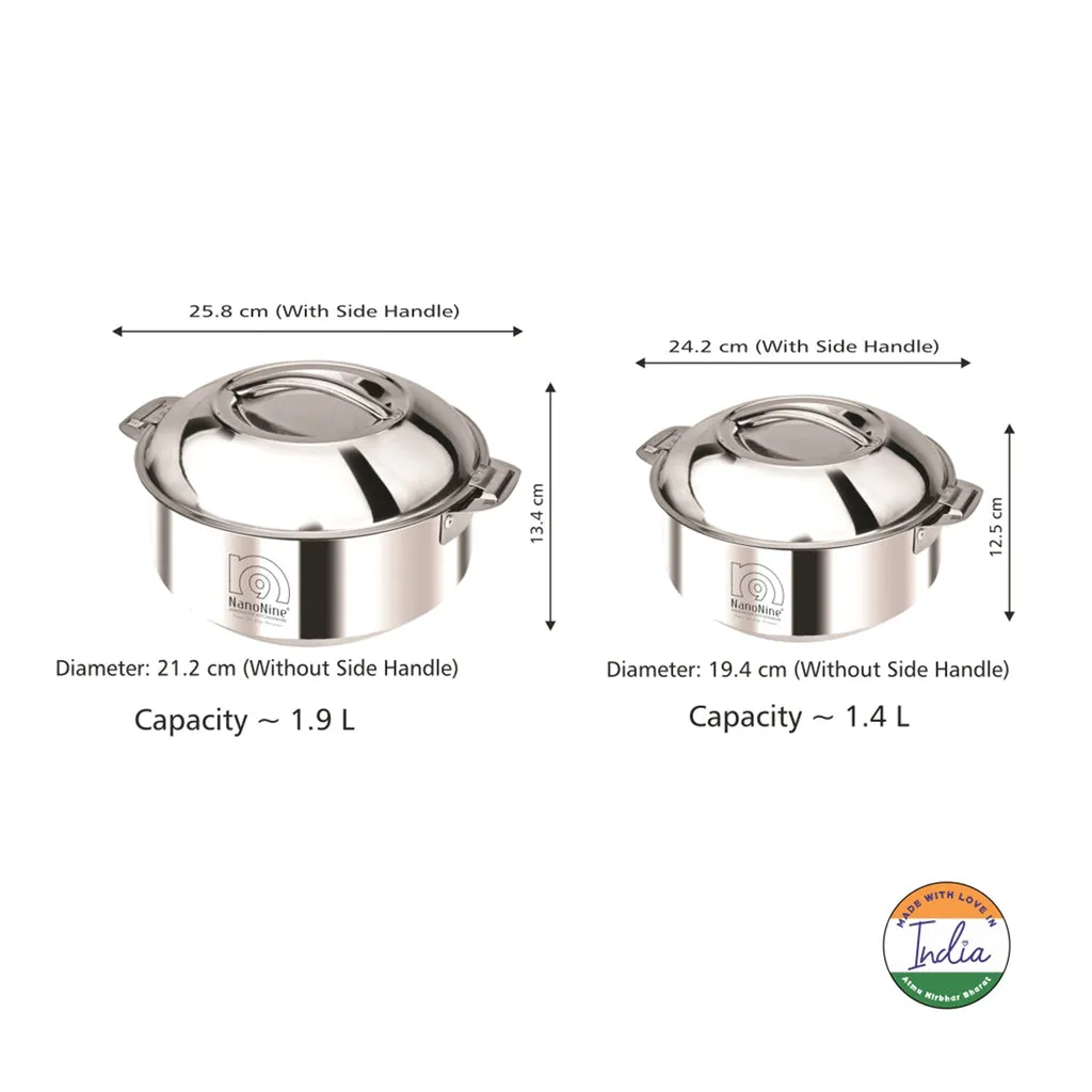 NanoNine Hot Serve 1.4 L   1.9 L Double Wall Insulated Hot Pot Stainless Steel Casserole with Steel Lid.