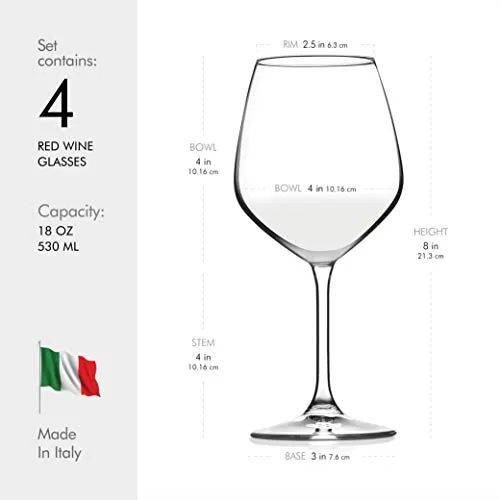 Paksh Novelty Italian Red Wine Glasses - 18 Ounce - Lead Free - Shatter Resistant - Wine Glass Set of 4, Clear