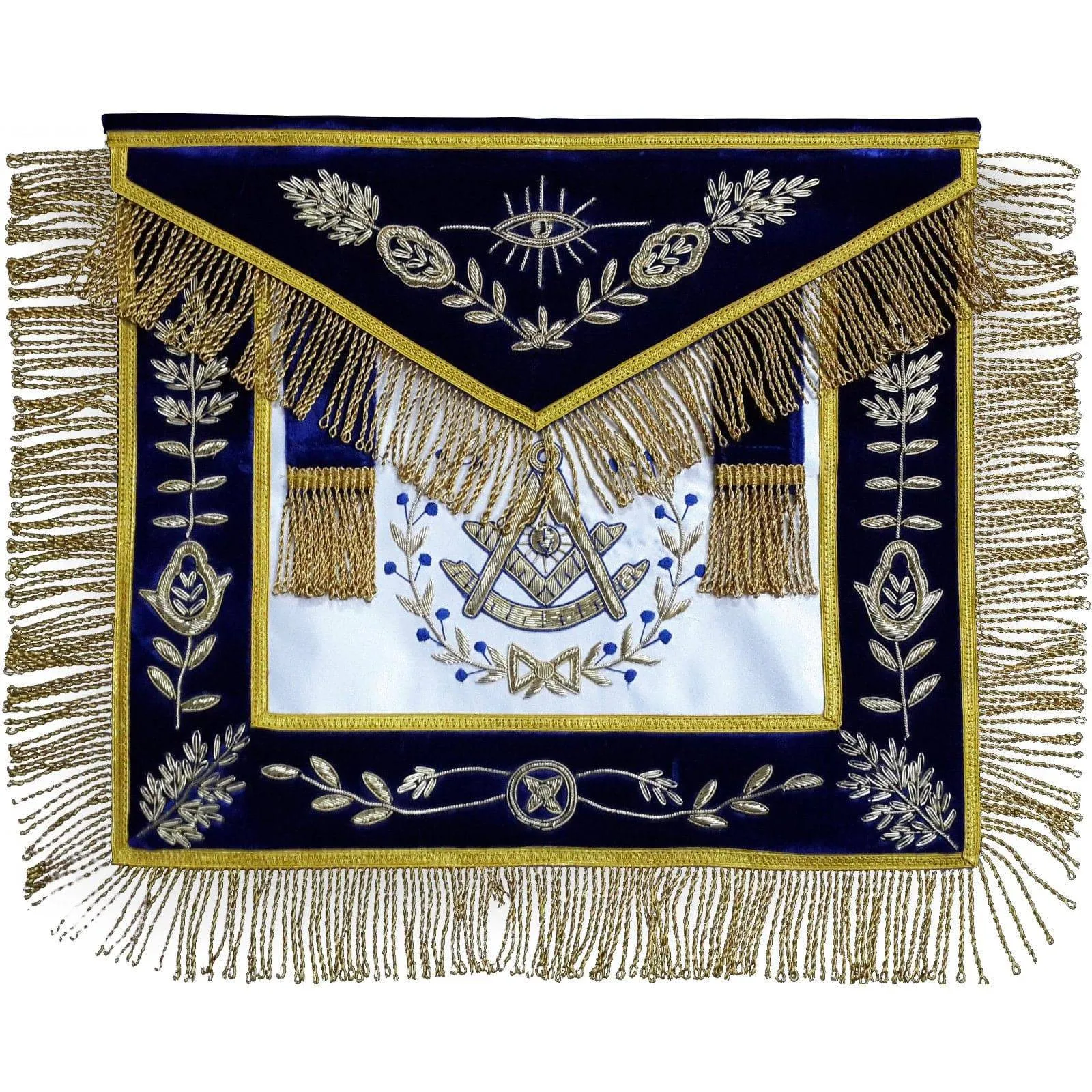 Past Master Blue Lodge Apron - Navy Blue Velvet with Side Tabs & Gold Fringe