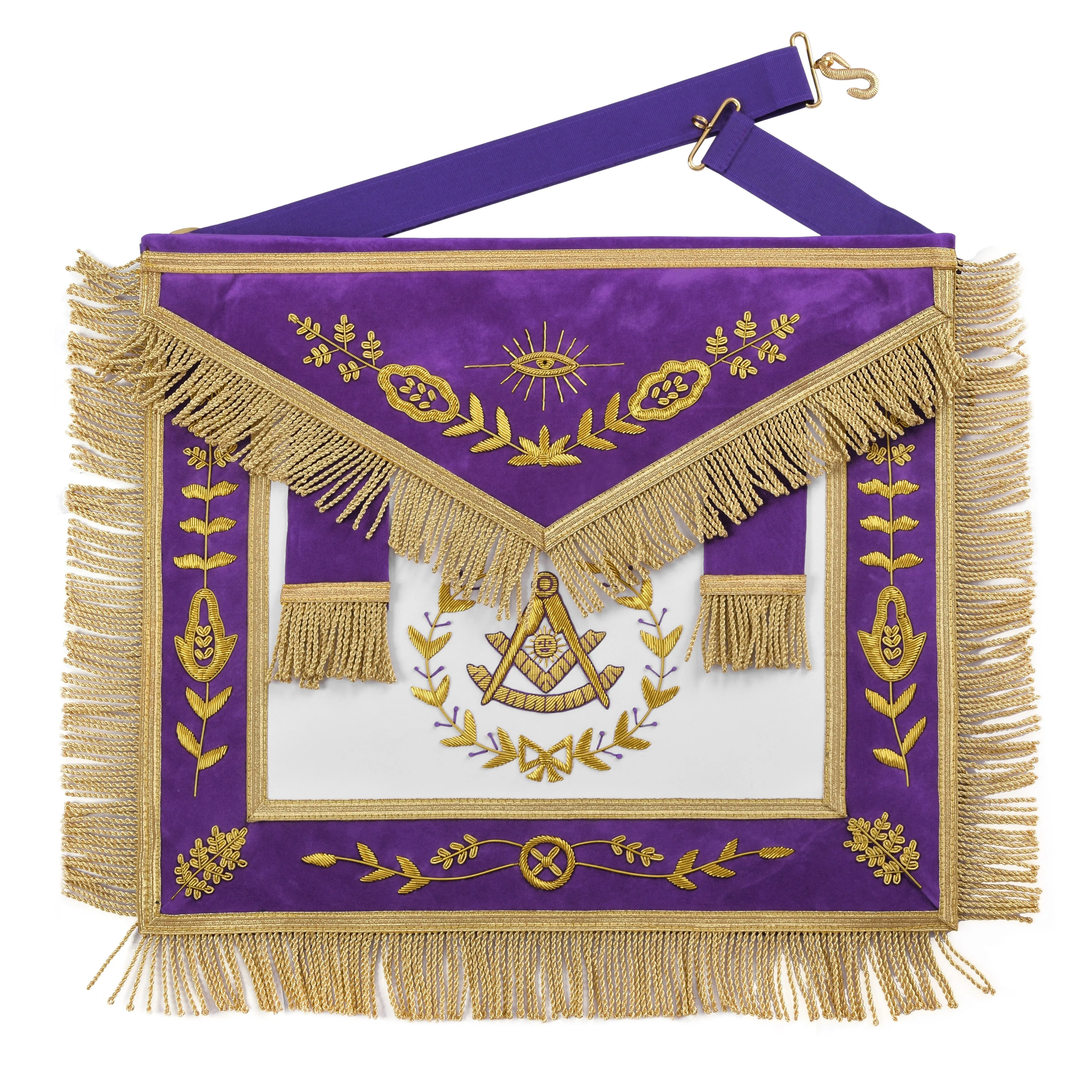 Past Master Blue Lodge California Regulation Apron - Purple Velvet Gold Bullion With Wreath & Golden Fringe