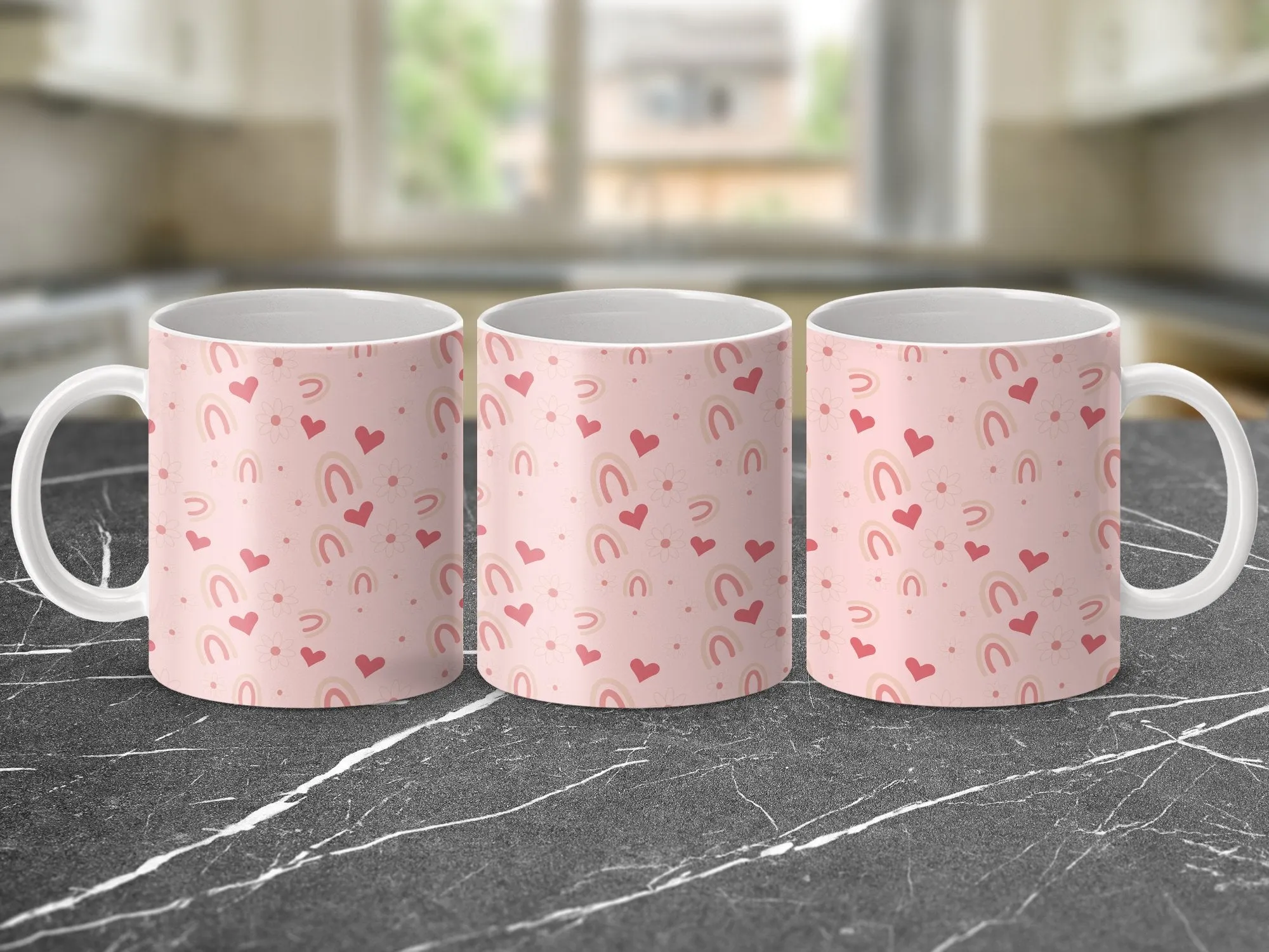 Pastel Pink Patterned Mug, Cute Hearts and Rainbows, Gift for Her, Coffee Lover Mug