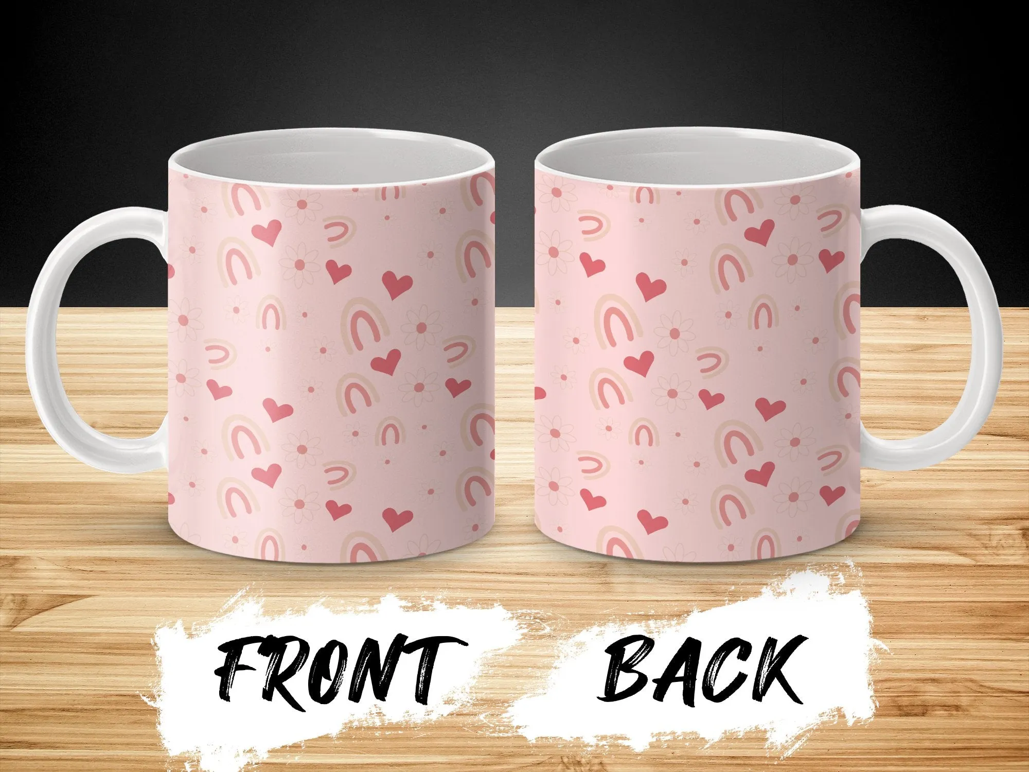 Pastel Pink Patterned Mug, Cute Hearts and Rainbows, Gift for Her, Coffee Lover Mug