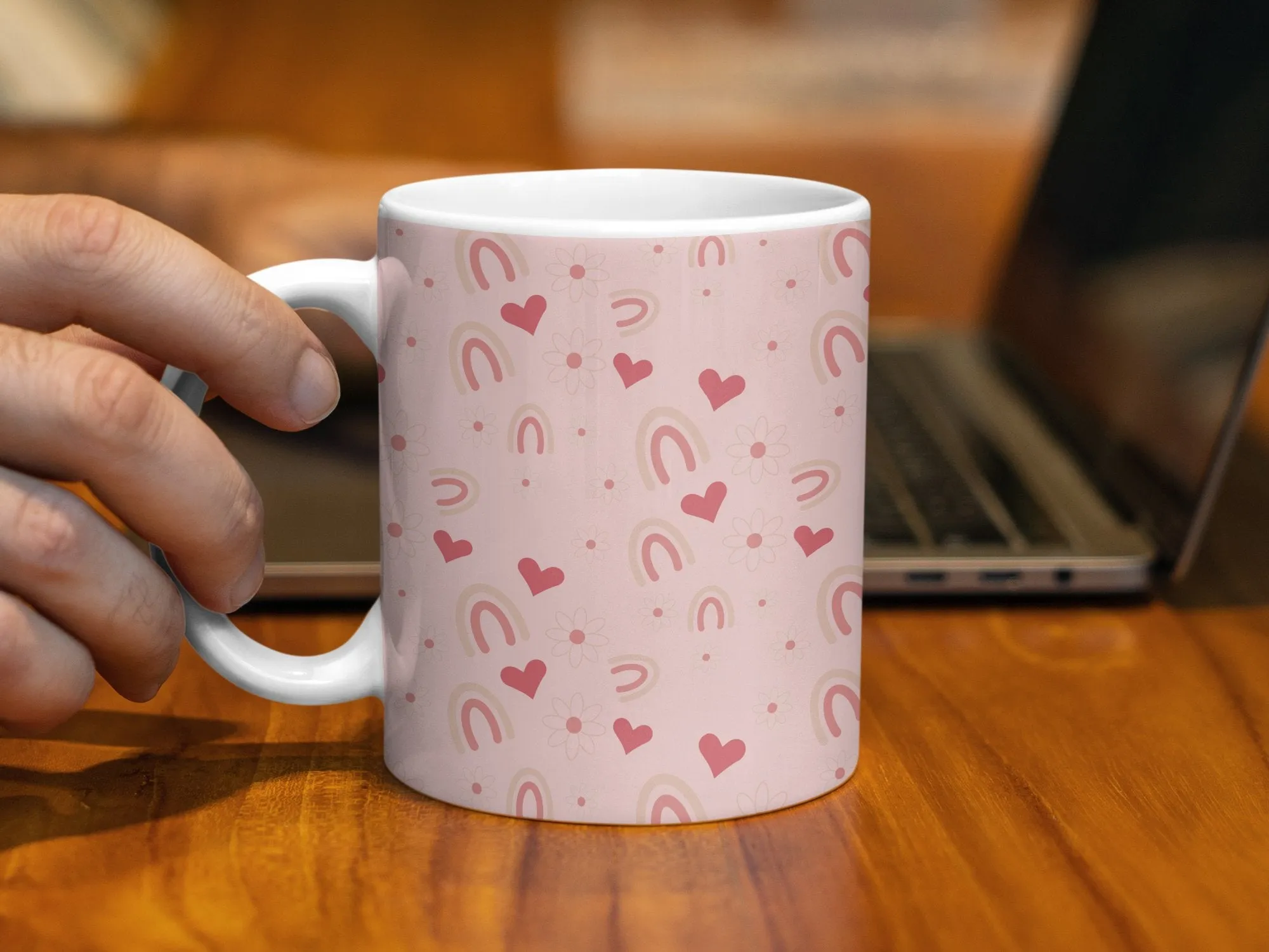 Pastel Pink Patterned Mug, Cute Hearts and Rainbows, Gift for Her, Coffee Lover Mug