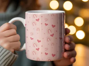 Pastel Pink Patterned Mug, Cute Hearts and Rainbows, Gift for Her, Coffee Lover Mug