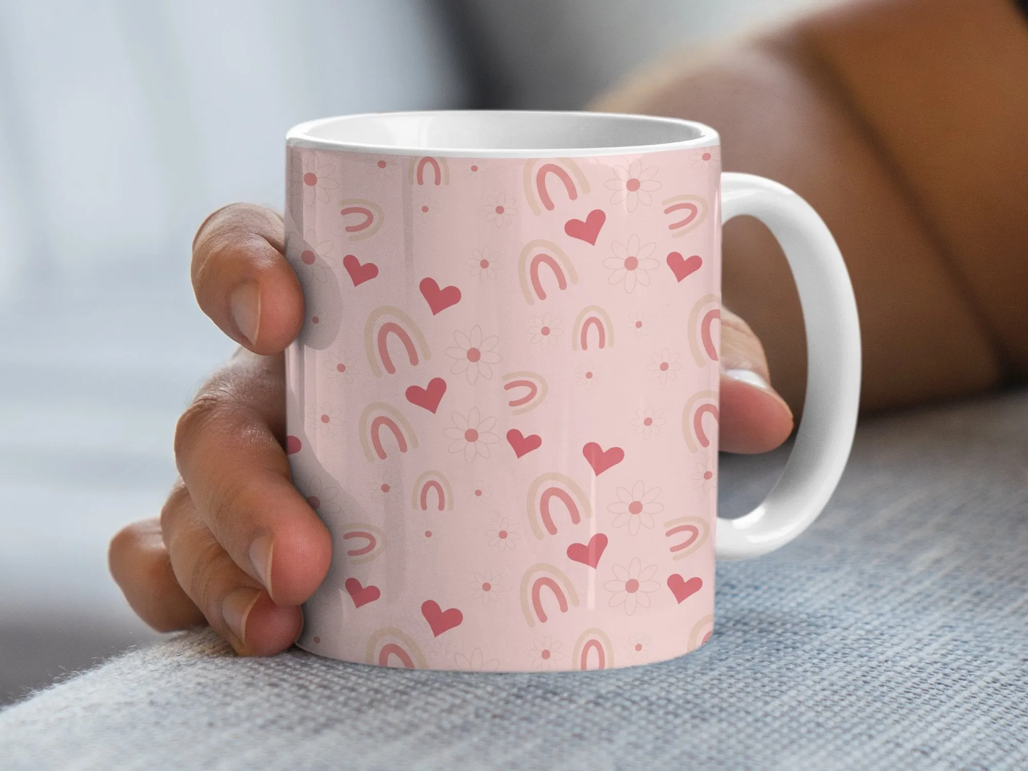 Pastel Pink Patterned Mug, Cute Hearts and Rainbows, Gift for Her, Coffee Lover Mug