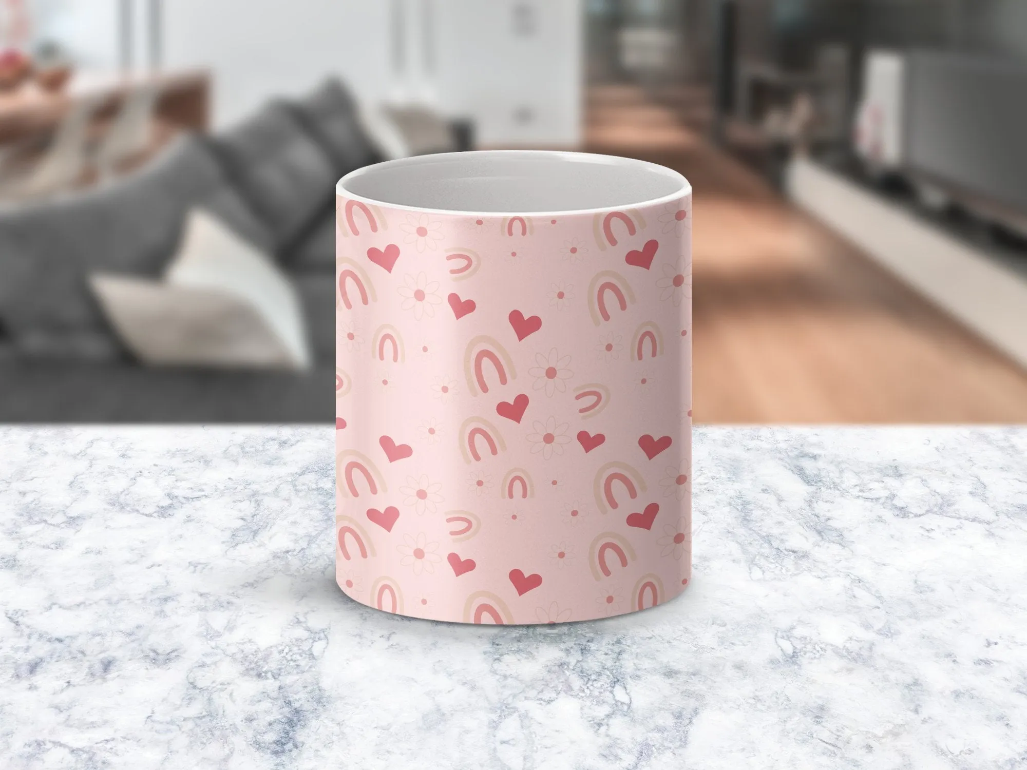 Pastel Pink Patterned Mug, Cute Hearts and Rainbows, Gift for Her, Coffee Lover Mug