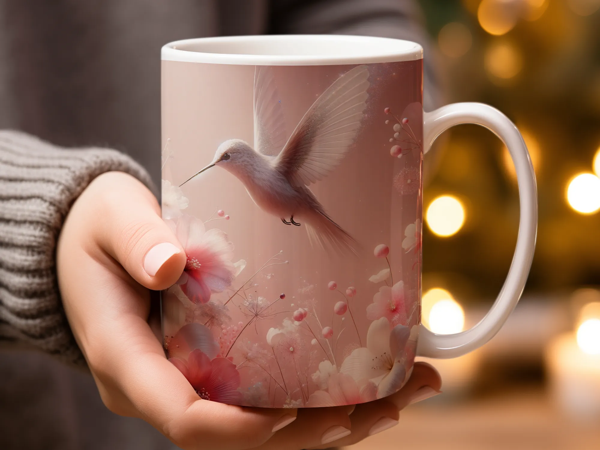 Peach White Hummingbird Design Coffee Mug, Peach Hummingbird Coffee Cup, Peach Bird Gift for Women, Hummingbird Lover Gift for Her