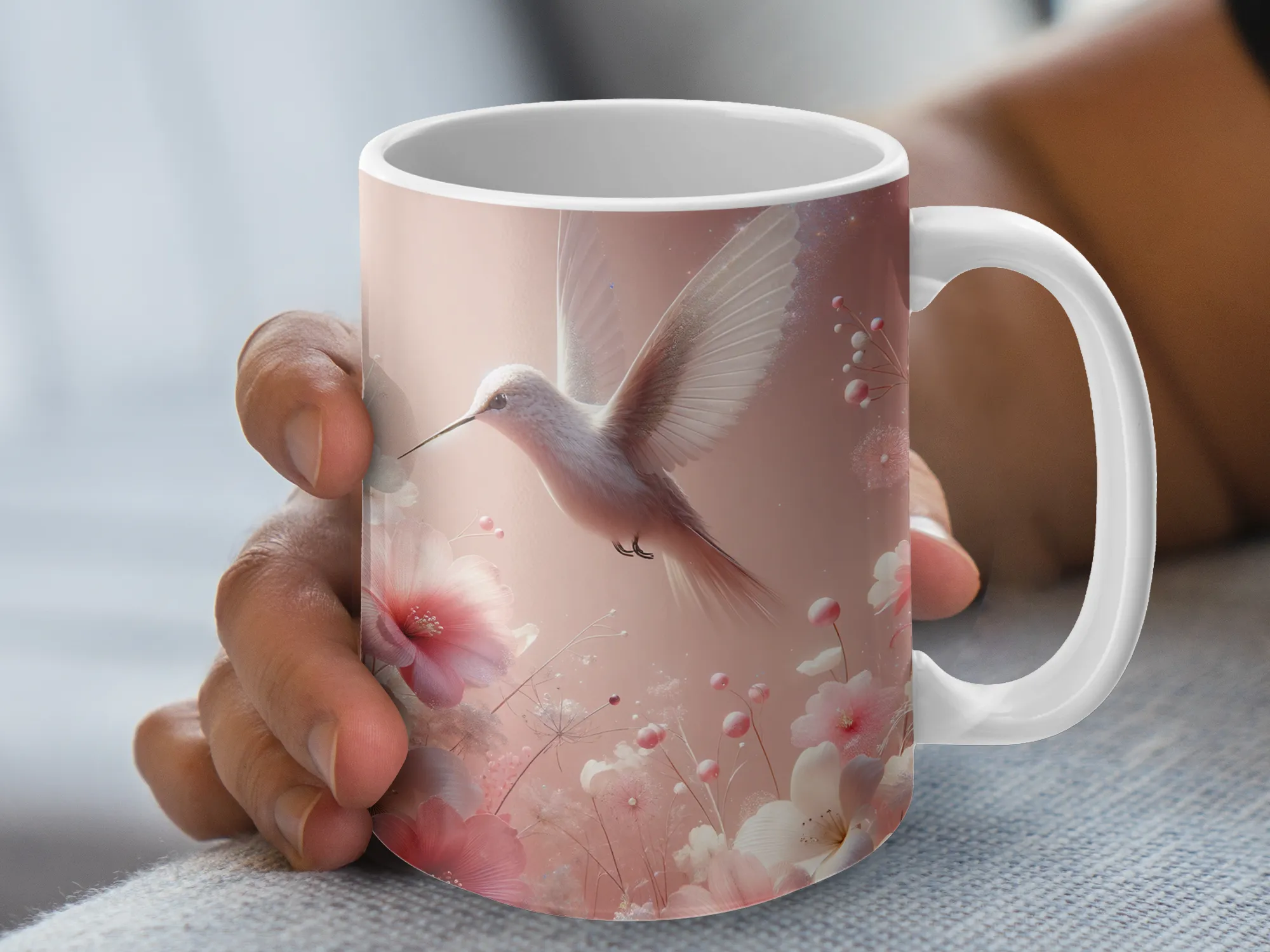 Peach White Hummingbird Design Coffee Mug, Peach Hummingbird Coffee Cup, Peach Bird Gift for Women, Hummingbird Lover Gift for Her