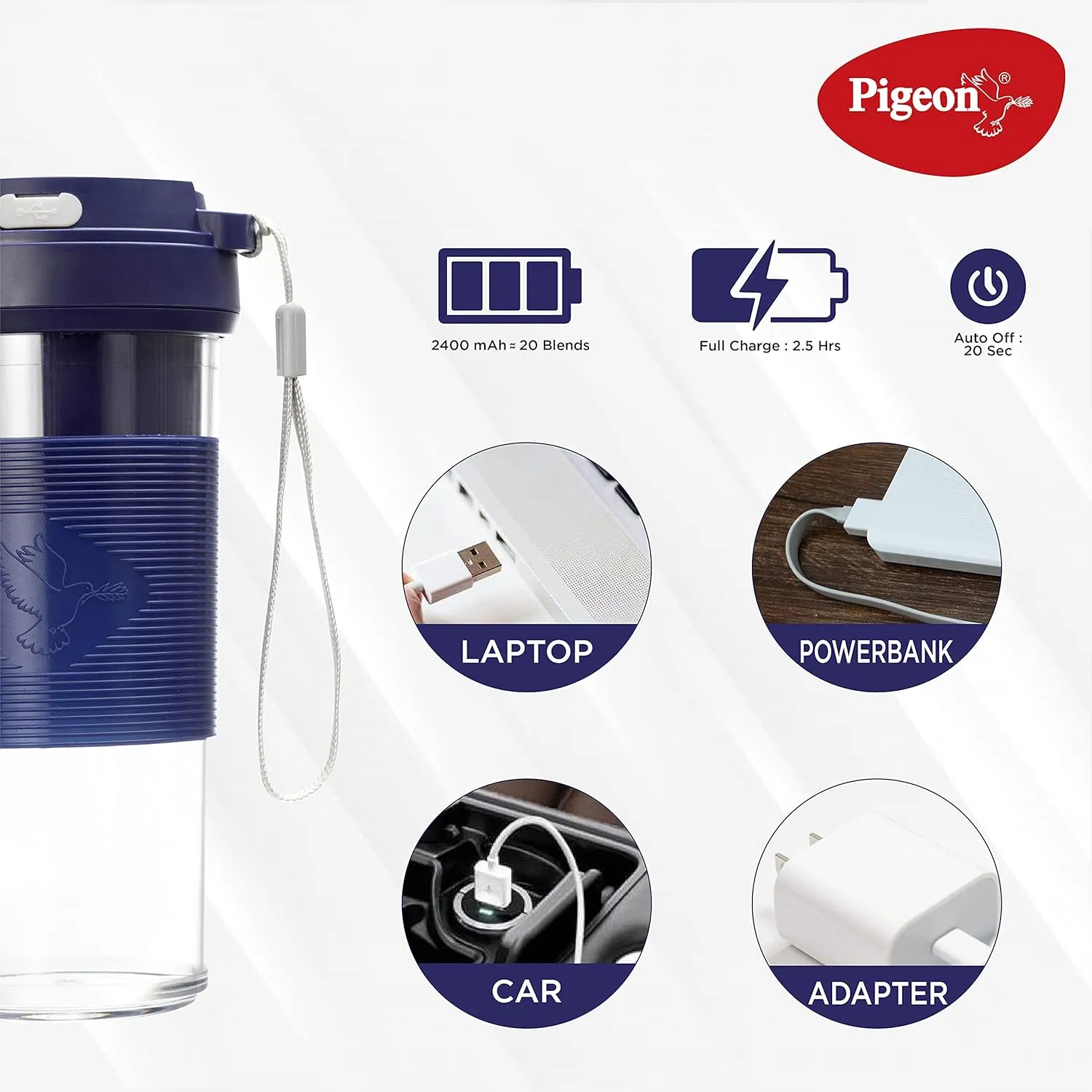 Pigeon Blendo USB Rechargeable Personal Blender for Smoothies, Shakes with Juicer Cup Jar, 330 ml, Blue, Medium