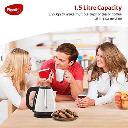 Pigeon by Stovekraft Amaze Plus Electric Kettle (14289) with Stainless Steel Body, 1.5 litre, used for boiling Water, making tea and coffee, instant noodles, soup etc. 1500 Watt (Silver)