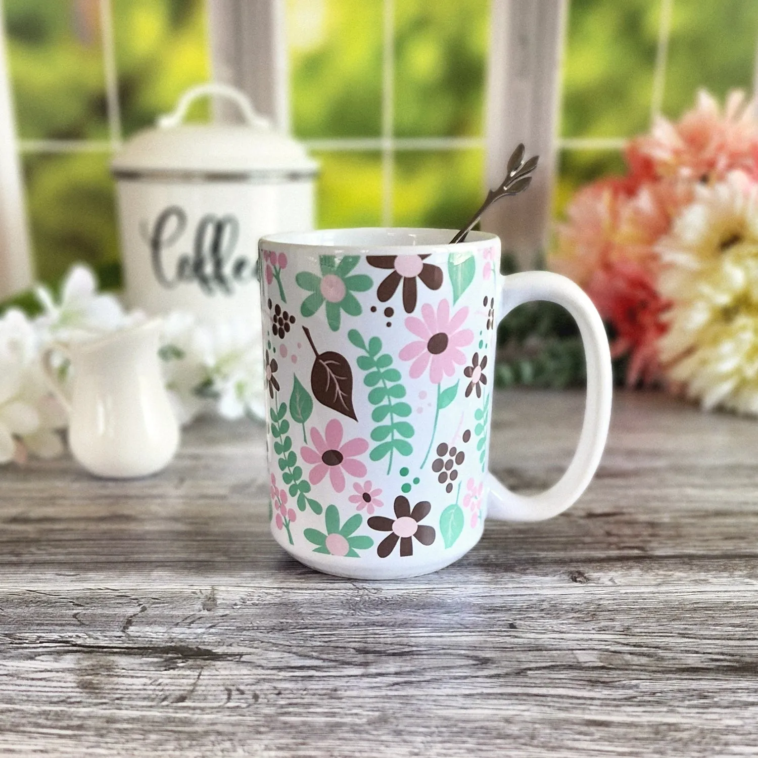 Pink Green Brown Floral Pattern Mug