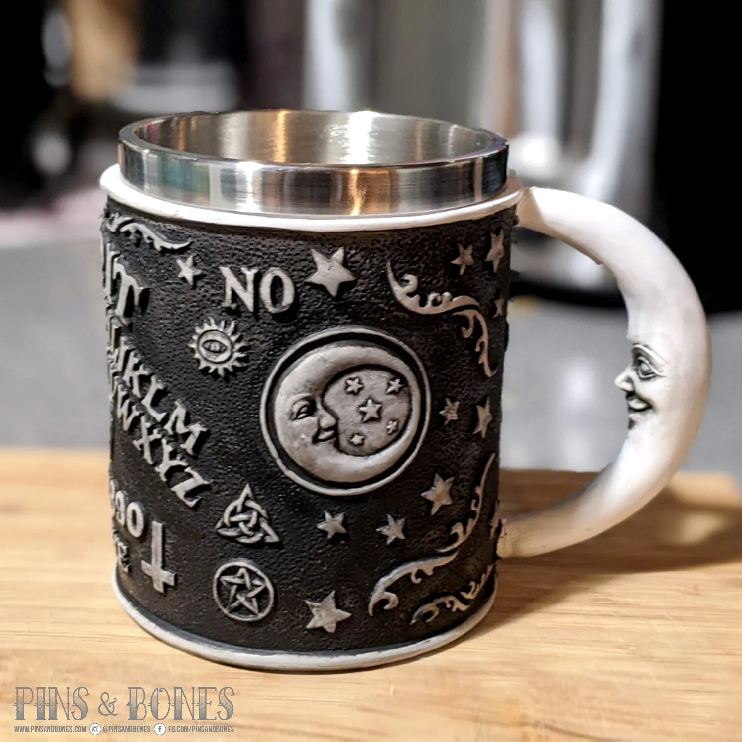 Pins & Bones Ouija Moon Coffee Mug 15 oz Layered Aluminum Black Ouija Board Coffee Mug