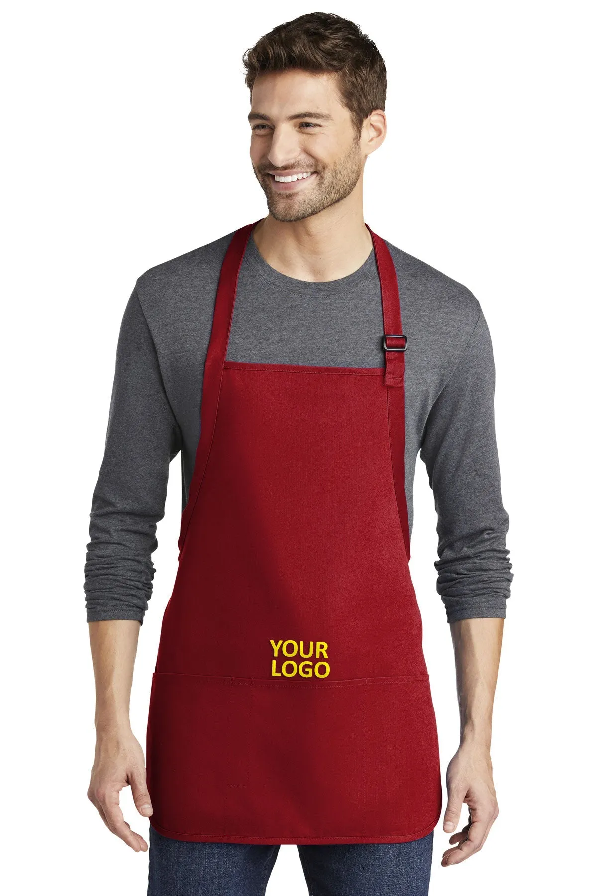 Port Authority Medium-Length Custom Aprons with Pouch Pockets, Red