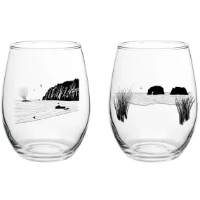 "Coastal Views" Whale Sight & Twin Rocks Stemless Wine Sets