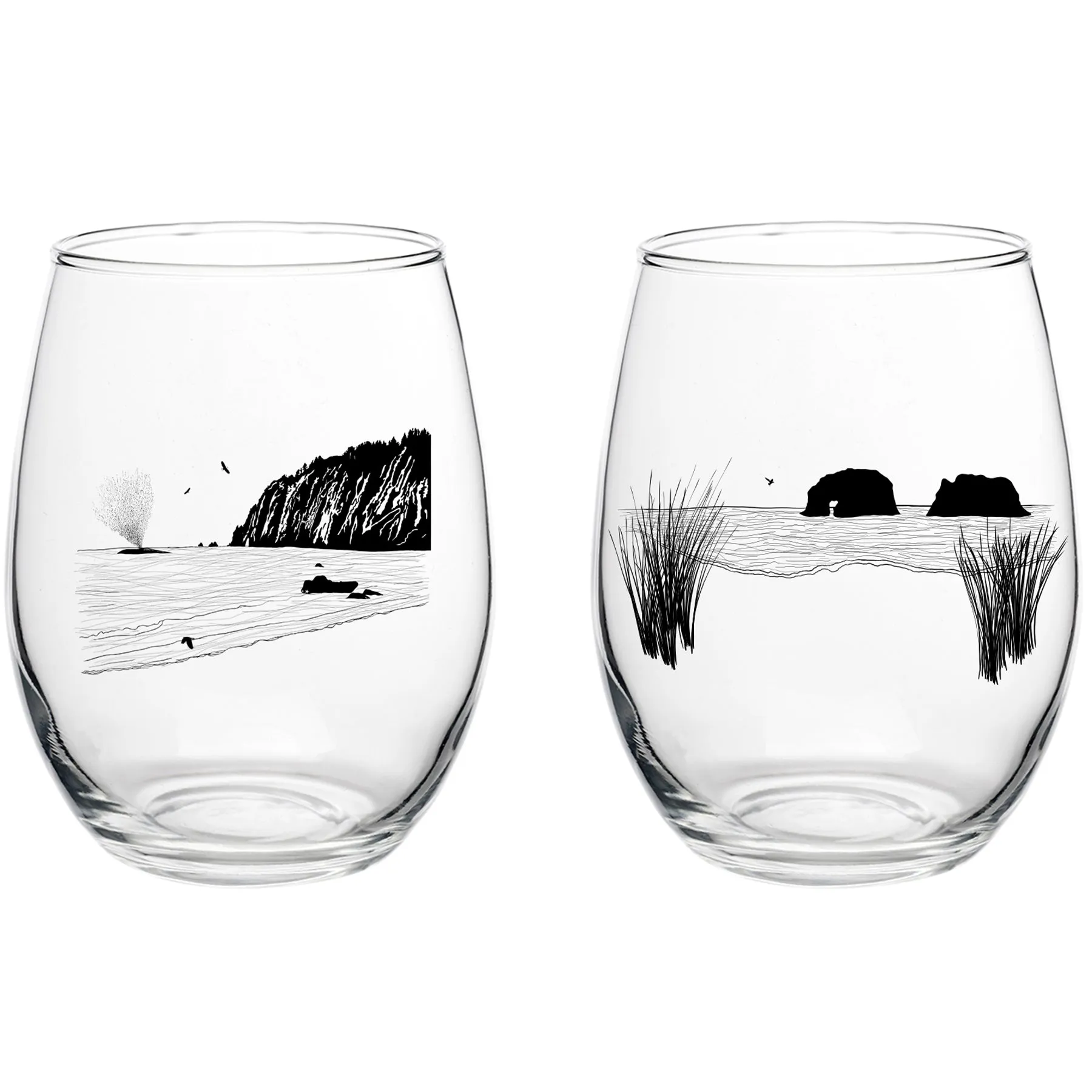 "Coastal Views" Whale Sight & Twin Rocks Stemless Wine Sets