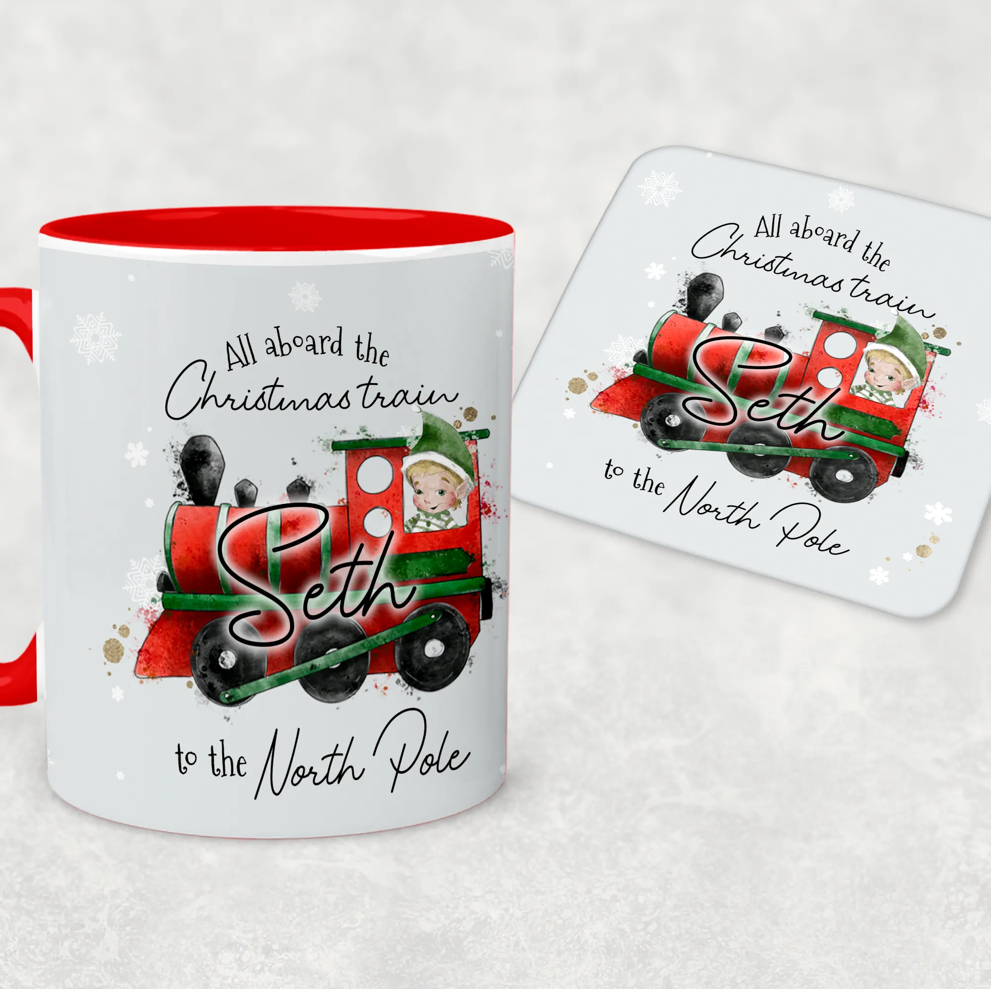 Red Handled All Aboard the Christmas Train Personalised Christmas Eve Mug and Coaster Set