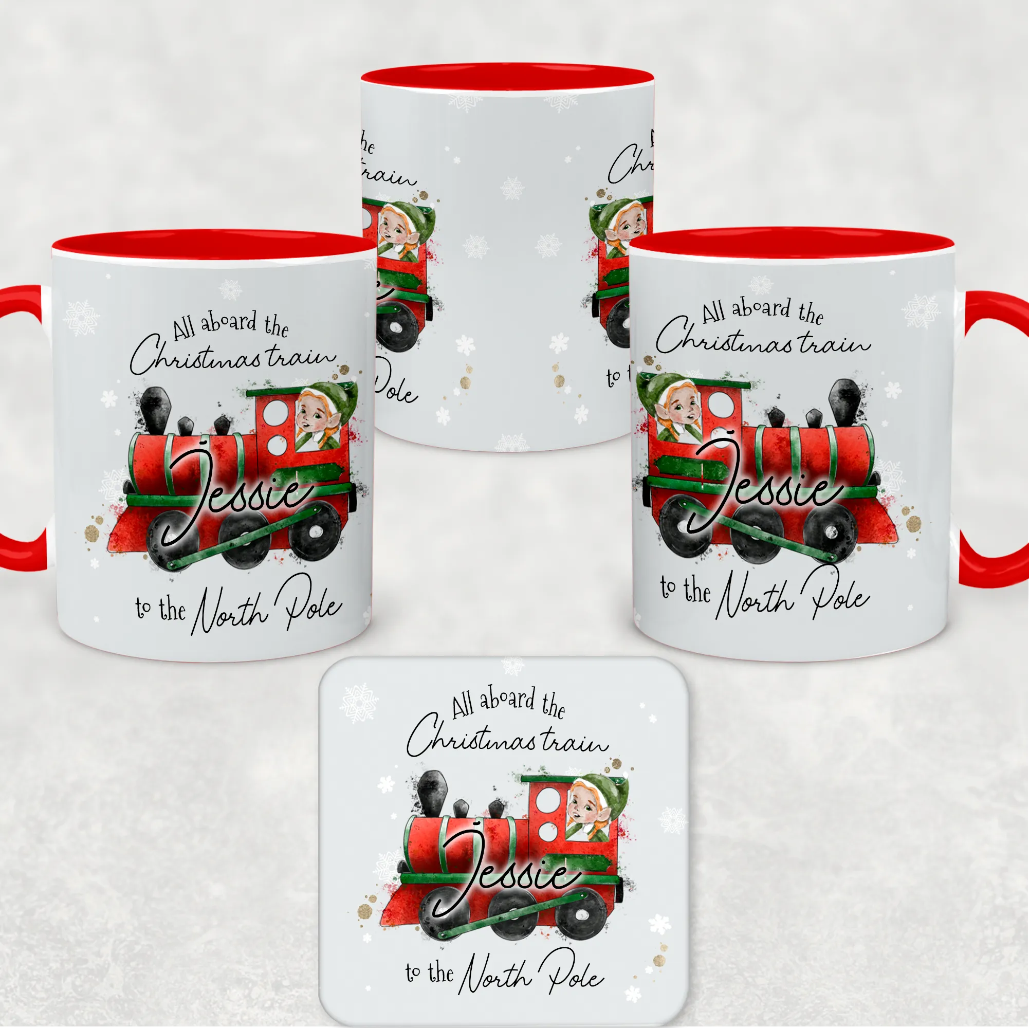 Red Handled All Aboard the Christmas Train Personalised Christmas Eve Mug and Coaster Set