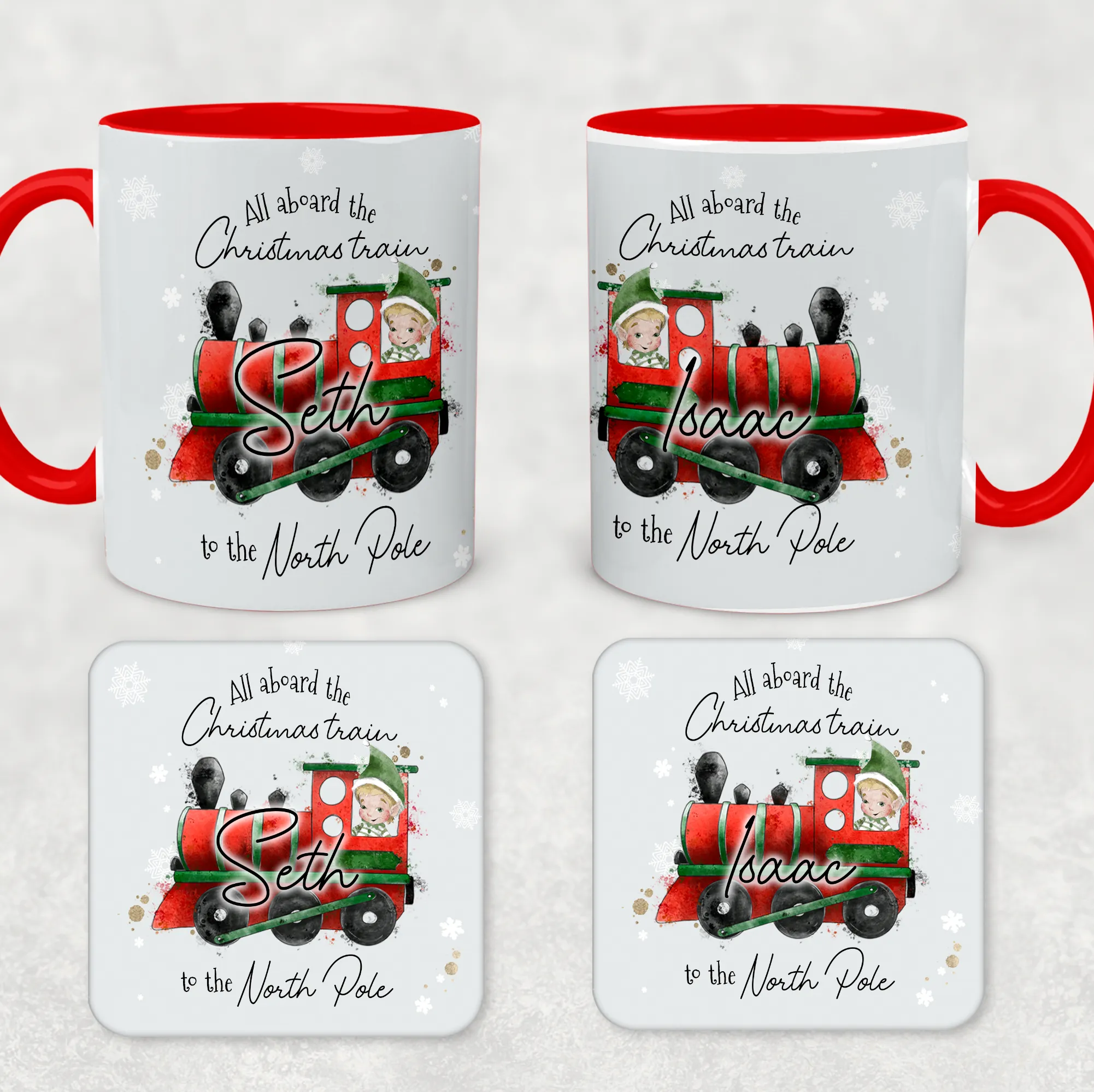 Red Handled All Aboard the Christmas Train Personalised Christmas Eve Mug and Coaster Set