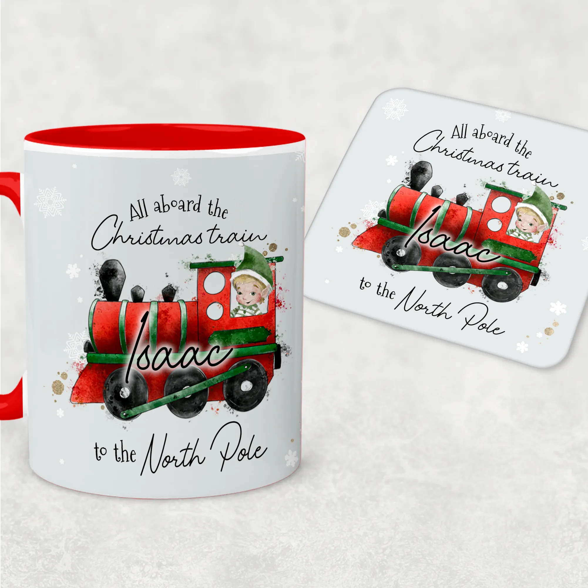 Red Handled All Aboard the Christmas Train Personalised Christmas Eve Mug and Coaster Set