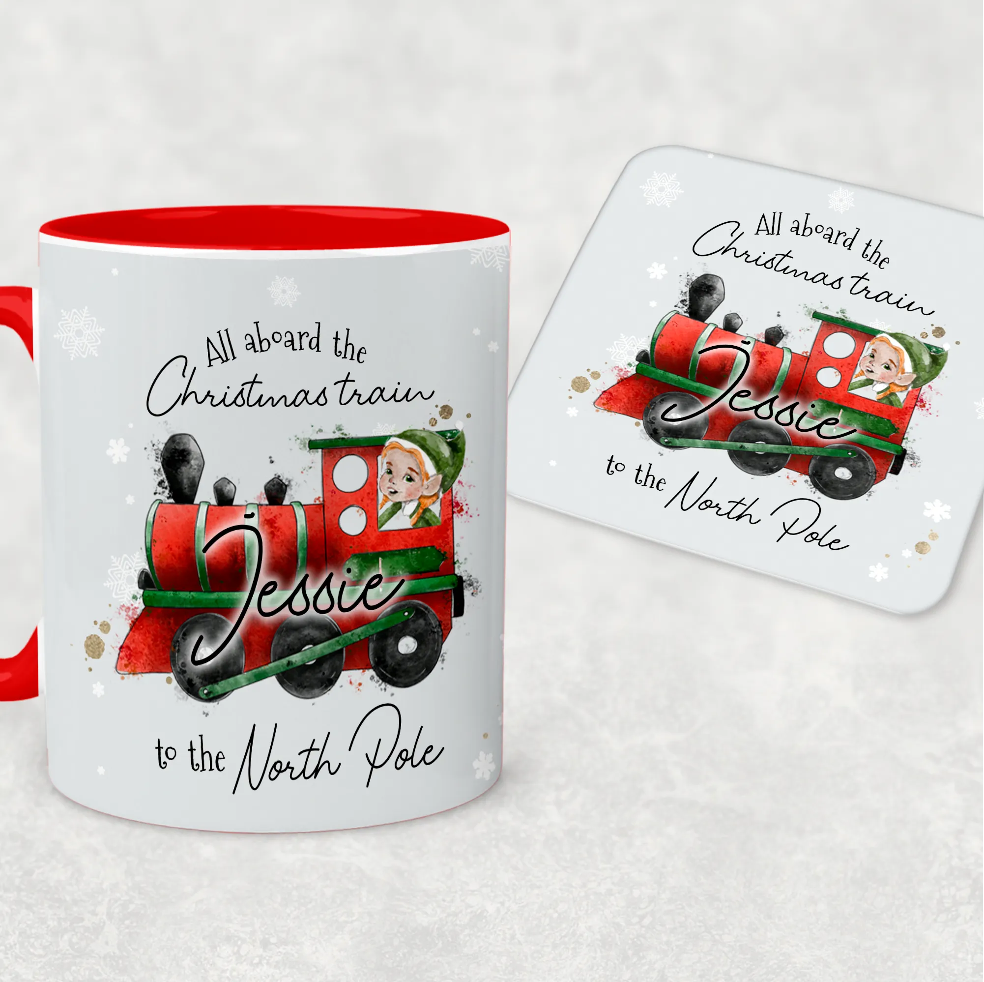 Red Handled All Aboard the Christmas Train Personalised Christmas Eve Mug and Coaster Set