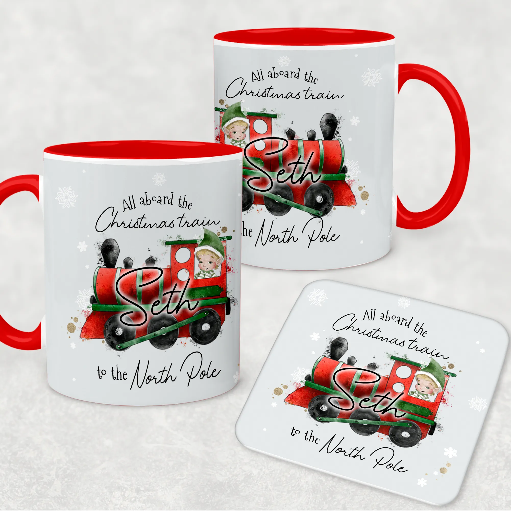 Red Handled All Aboard the Christmas Train Personalised Christmas Eve Mug and Coaster Set