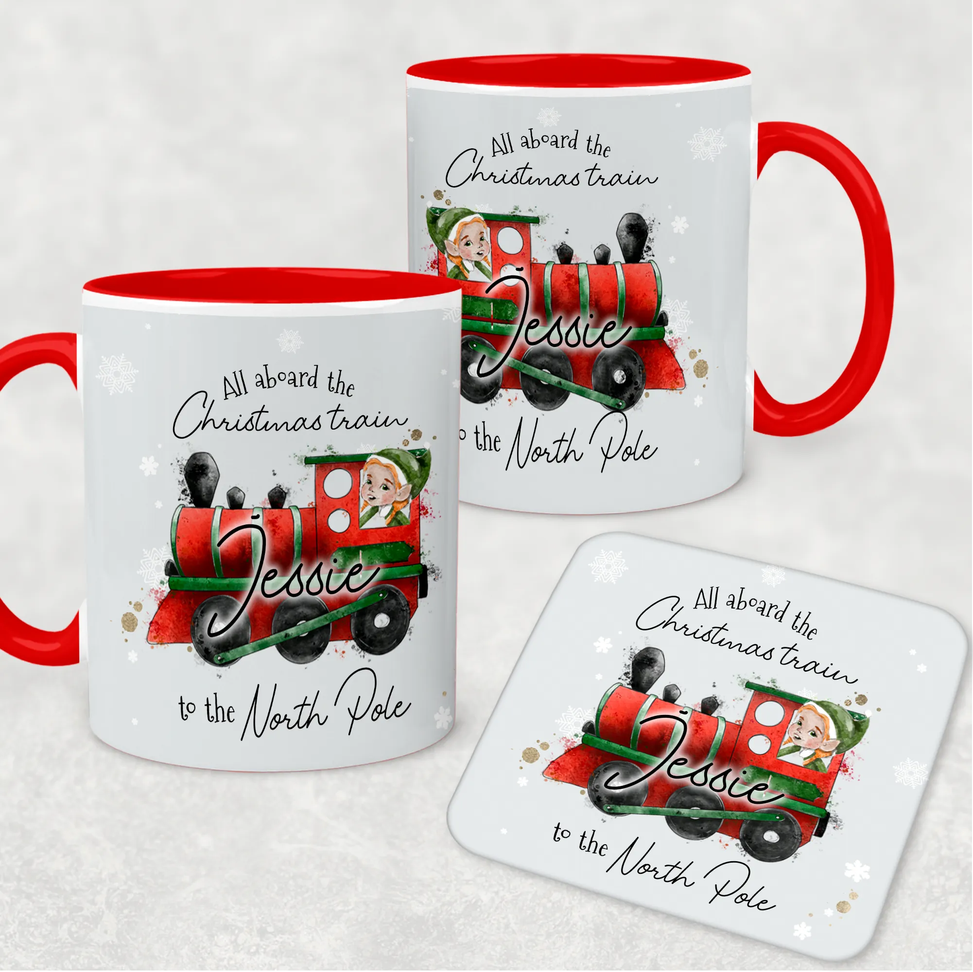 Red Handled All Aboard the Christmas Train Personalised Christmas Eve Mug and Coaster Set