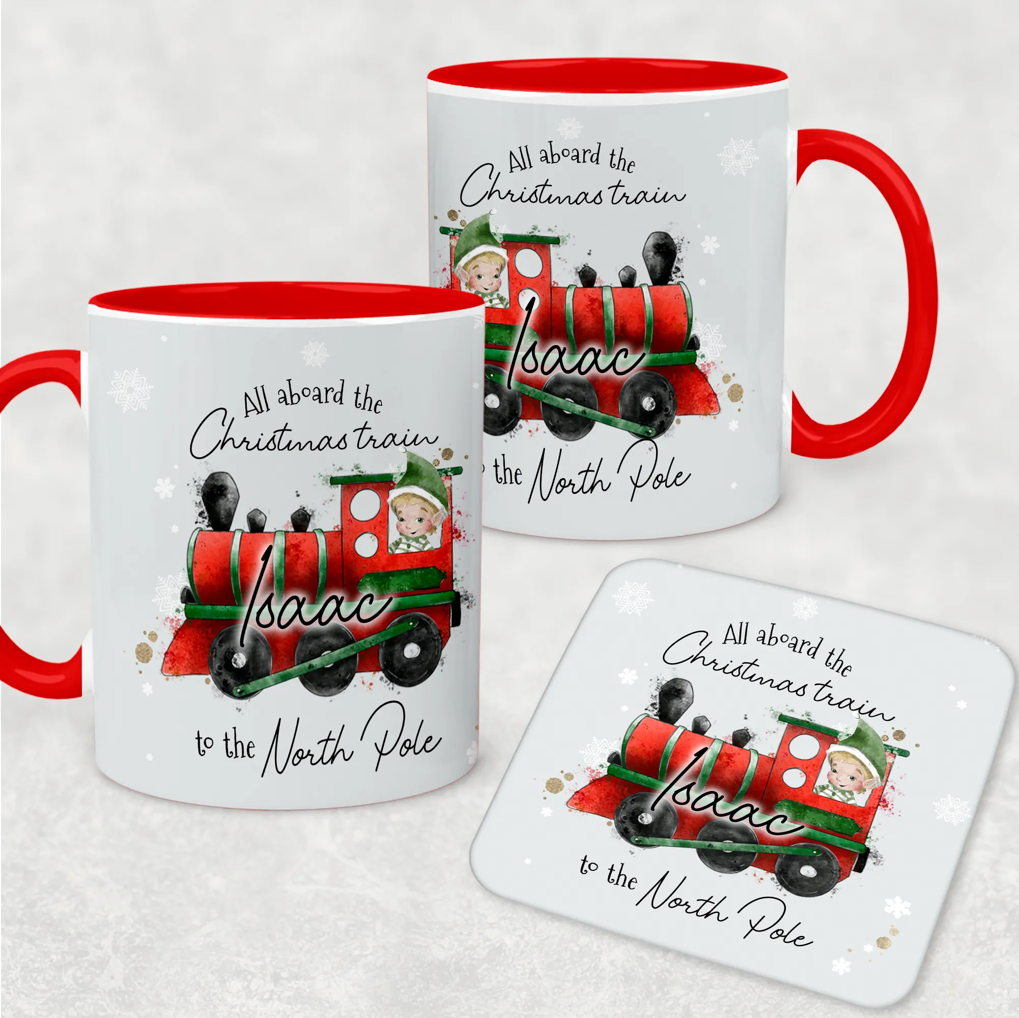 Red Handled All Aboard the Christmas Train Personalised Christmas Eve Mug and Coaster Set