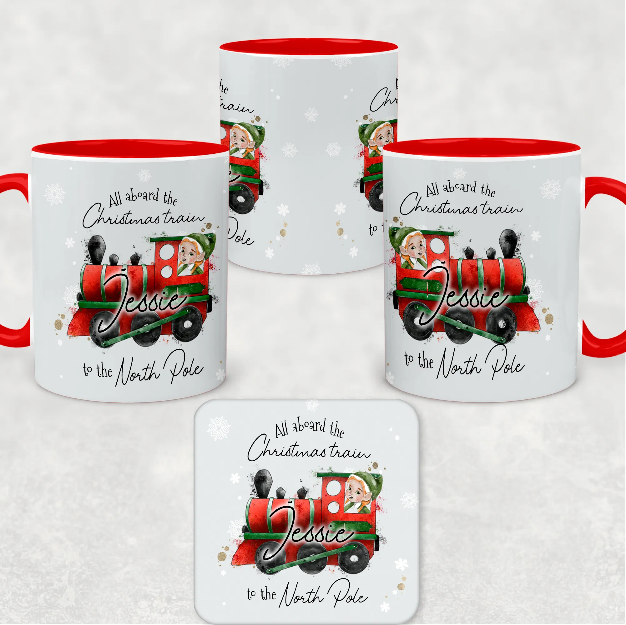 Red Handled All Aboard the Christmas Train Personalised Christmas Eve Mug and Coaster Set