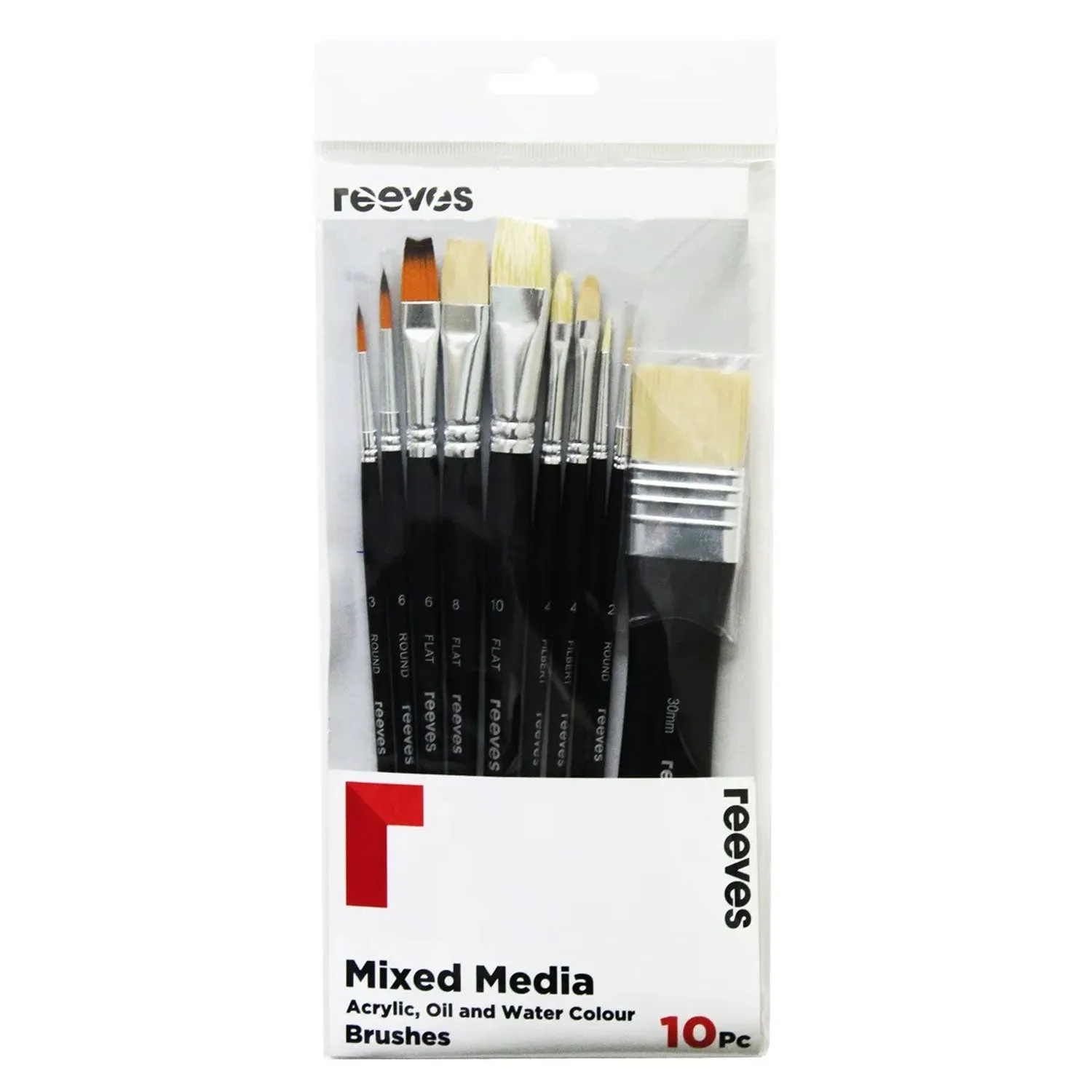 Reeves Mixed Media Assorted Brushes Set of 10 - No. 2, 3 & 6 Round; No. 6, 8 & 10 Flat; No. 4 Filbert; 30mm Spalter