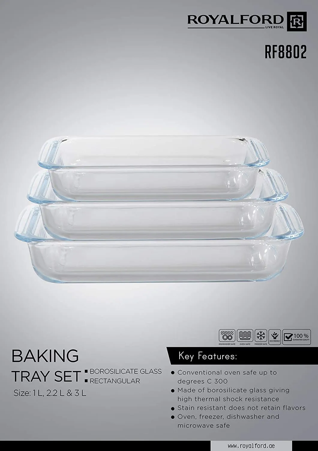 RF8802 - Brss 3Pc Rect Glass Baking Tray 1 2.2 3L