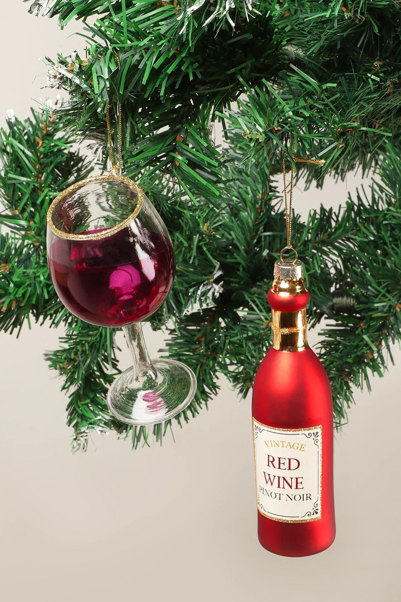 Set of Large Red Wine Bottle and Glass Christmas Tree Ornaments