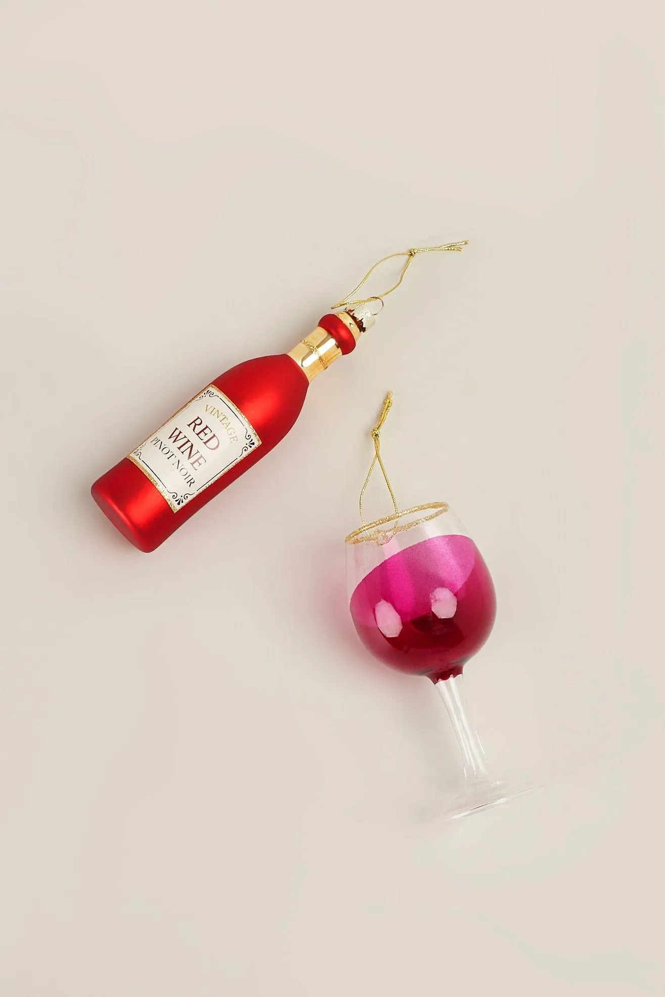 Set of Large Red Wine Bottle and Glass Christmas Tree Ornaments