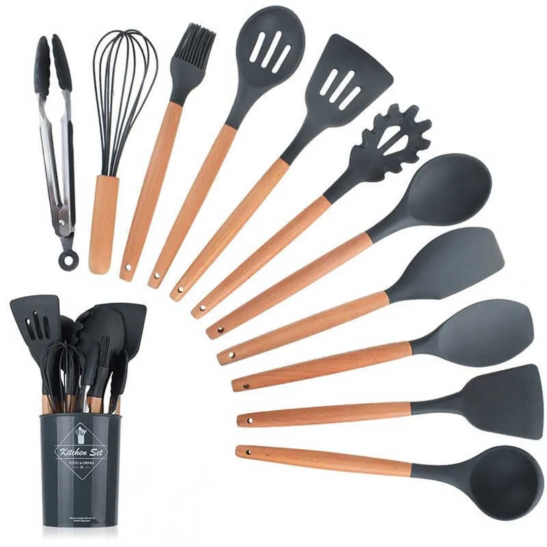 Silicone Wooden Handle Cooking Utensils Set 12pcs