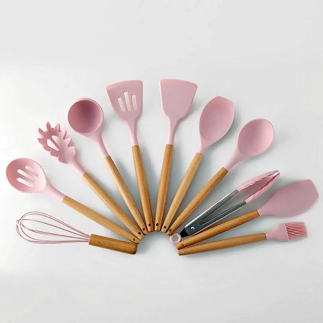 Silicone Wooden Handle Cooking Utensils Set 12pcs