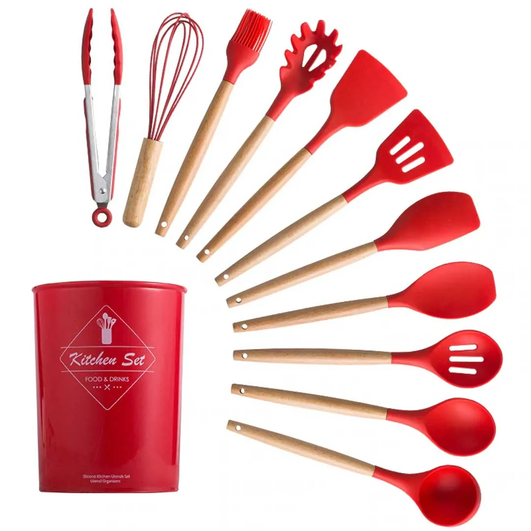 Silicone Wooden Handle Cooking Utensils Set 12pcs