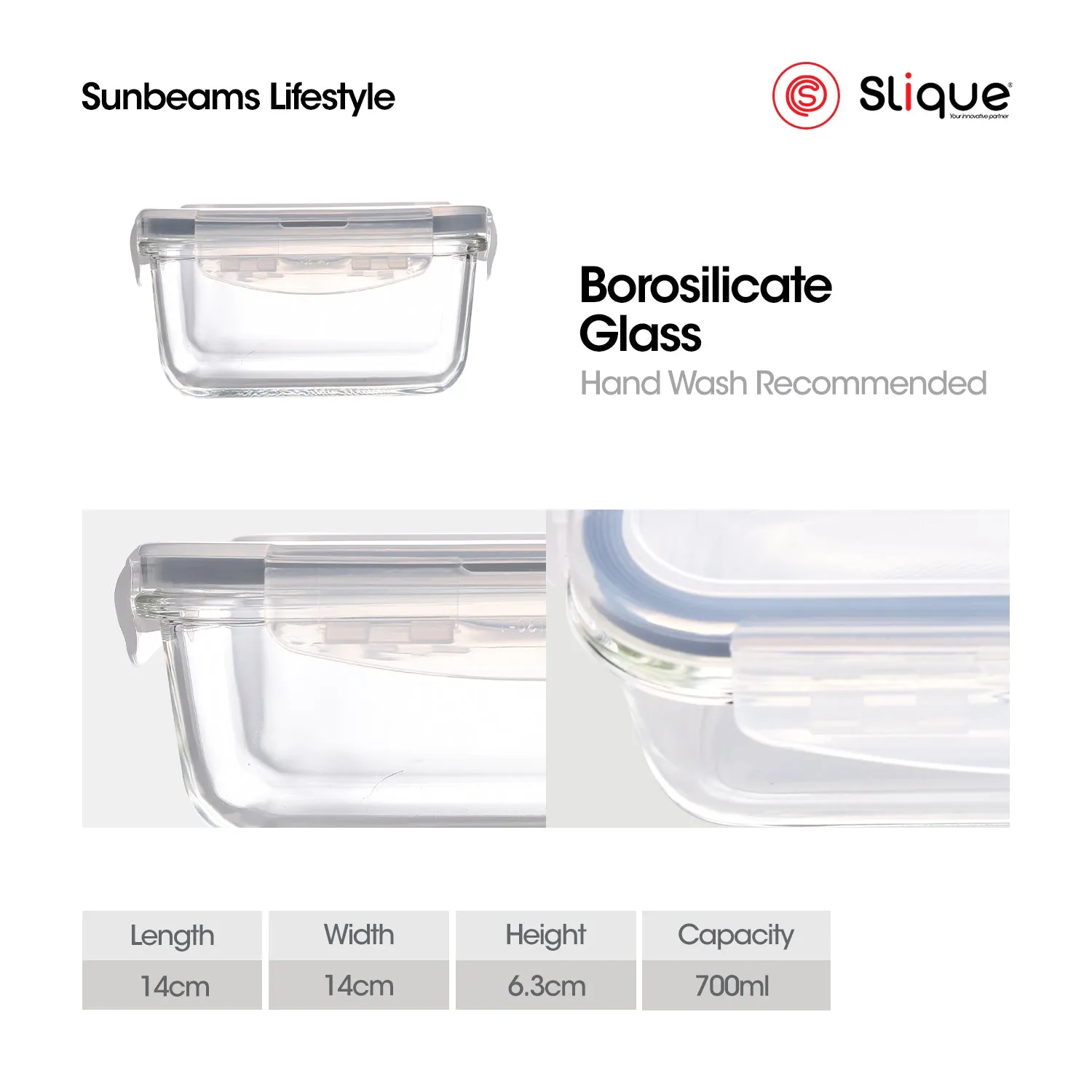 SLIQUE Borosilicate Square Glass Food Container 700ml