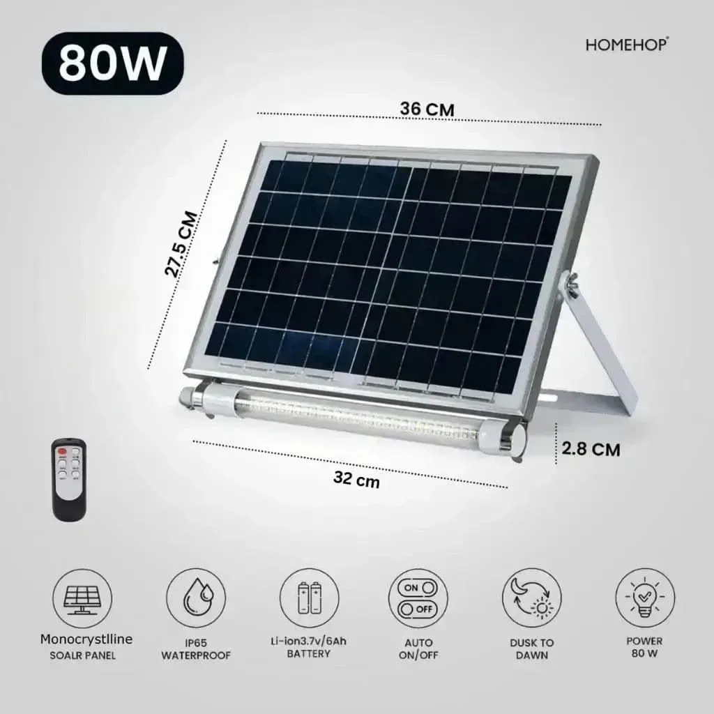 Solar 80W Tube Light Outdoor Indoor Waterproof Wall Lamp for Balcony, Terrace With Panel & Remote Control ( 3M Cable, Cool White )