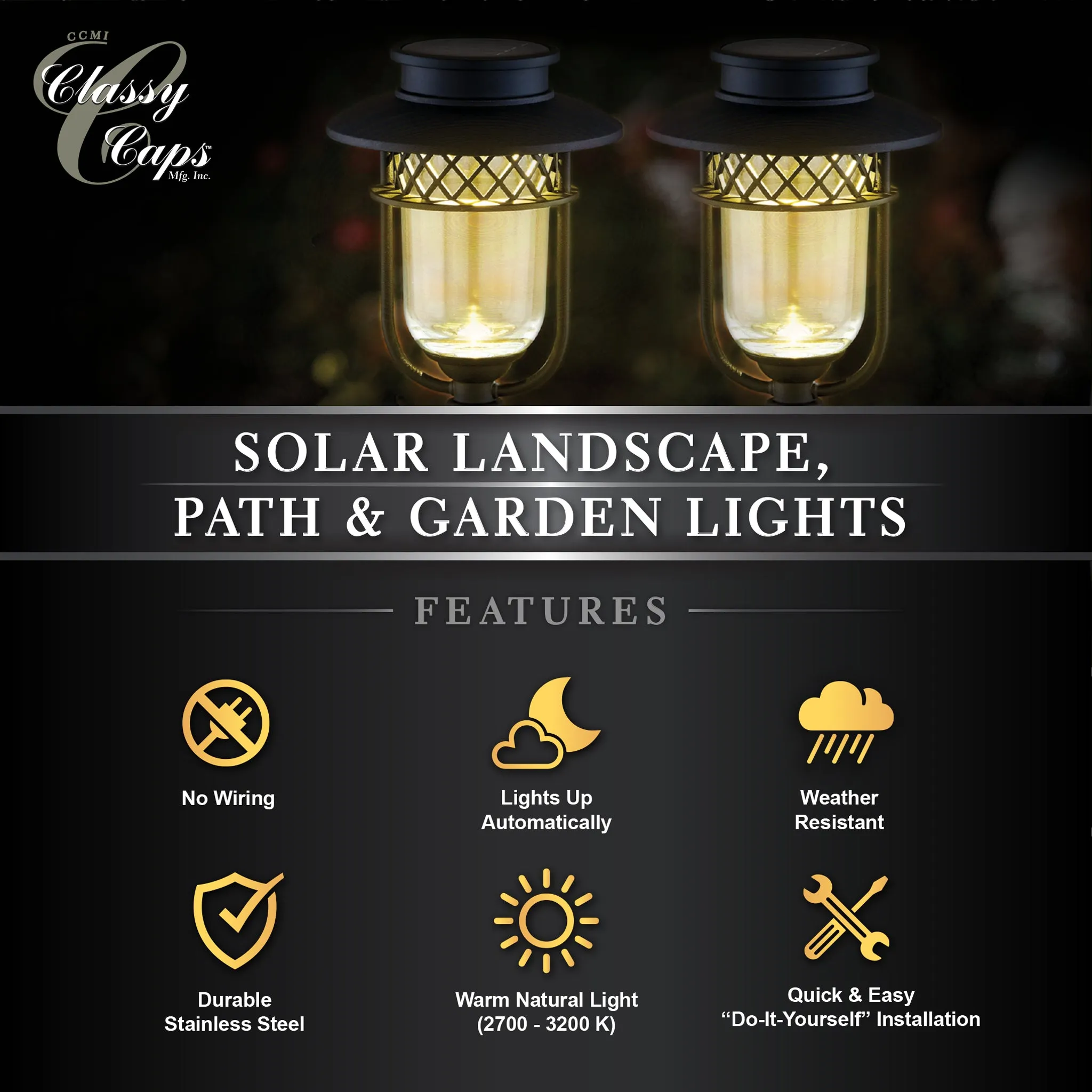 Solar Garden Light - Classy Caps Black Stainless Steel Landscape, Path & Garden Light - 2 Pack, GL1101