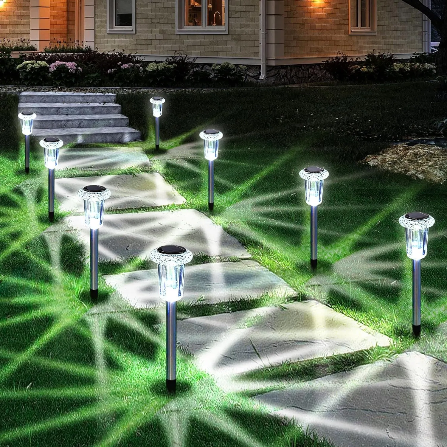 Solar Outdoor Lights, 10 Pack Waterproof Stainless Steel Solar Stake Lights for Pathway Garden Yard Path Walkway Driveway Lawn Decor - Cool White