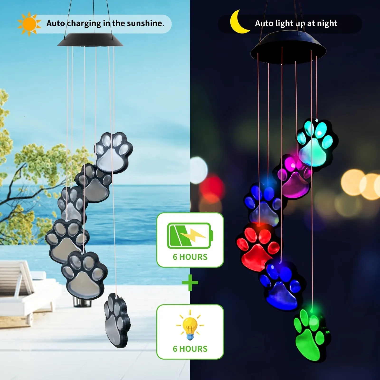 Solar Powered Lighted Paw Print Windchime